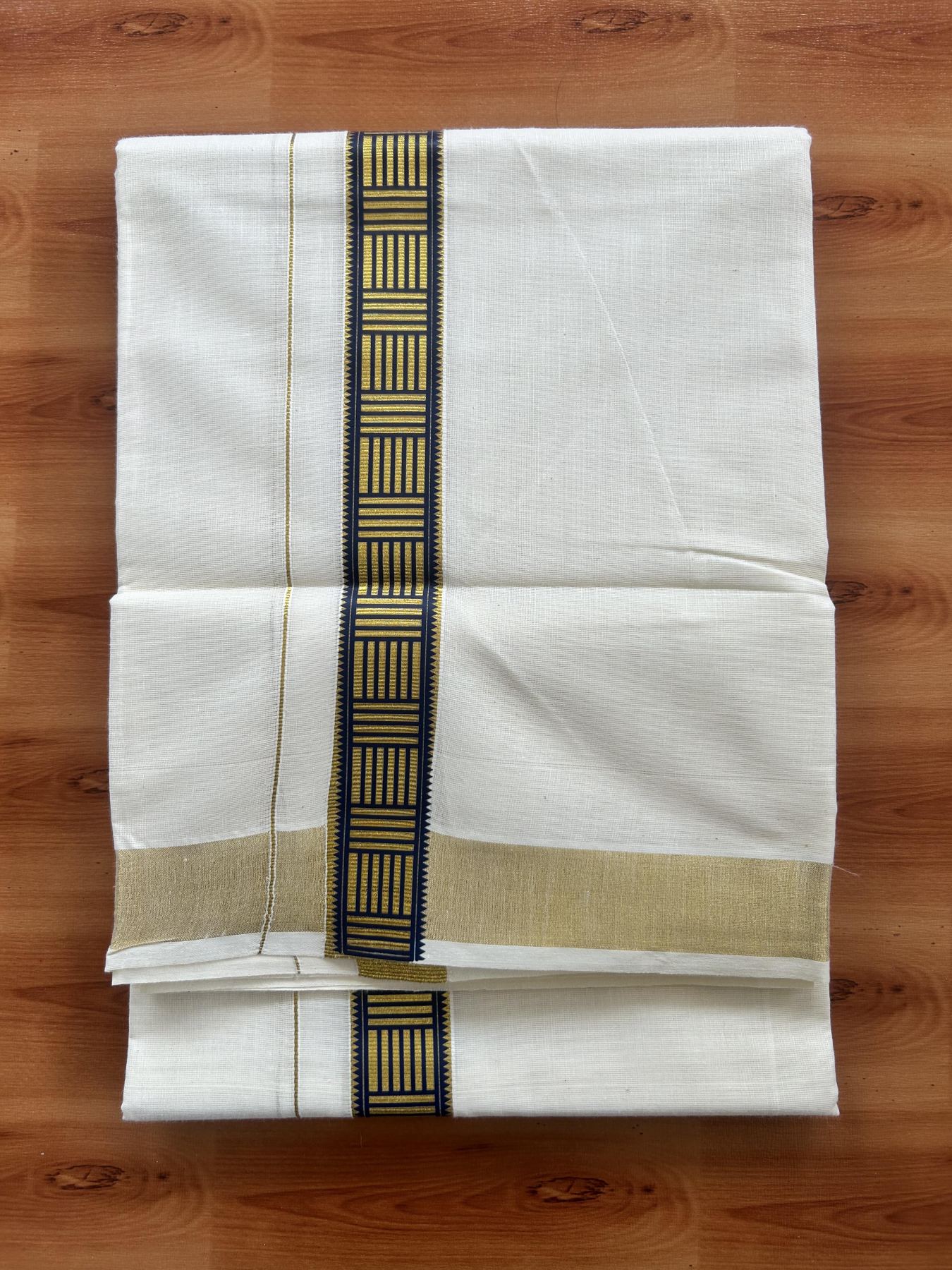Double Off White - (Unbleached) Mundu/Dhoti- 20% Discount!! KaithariKada Balaramapuram 100% Cotton (60s) - 1.25 inch Gold Kasav & Navy Blue Pattern Printed Kara - 5 KK5408 GAN