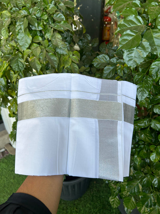 20% Discount ! KaithariKada Balaramapuram 100% Cotton Double Pure white Mundu/Dhoti - 100x80 - 2 inch Silver Kasav Kara 3.90 M(8 Muzham) - 55 KK5364 MC
