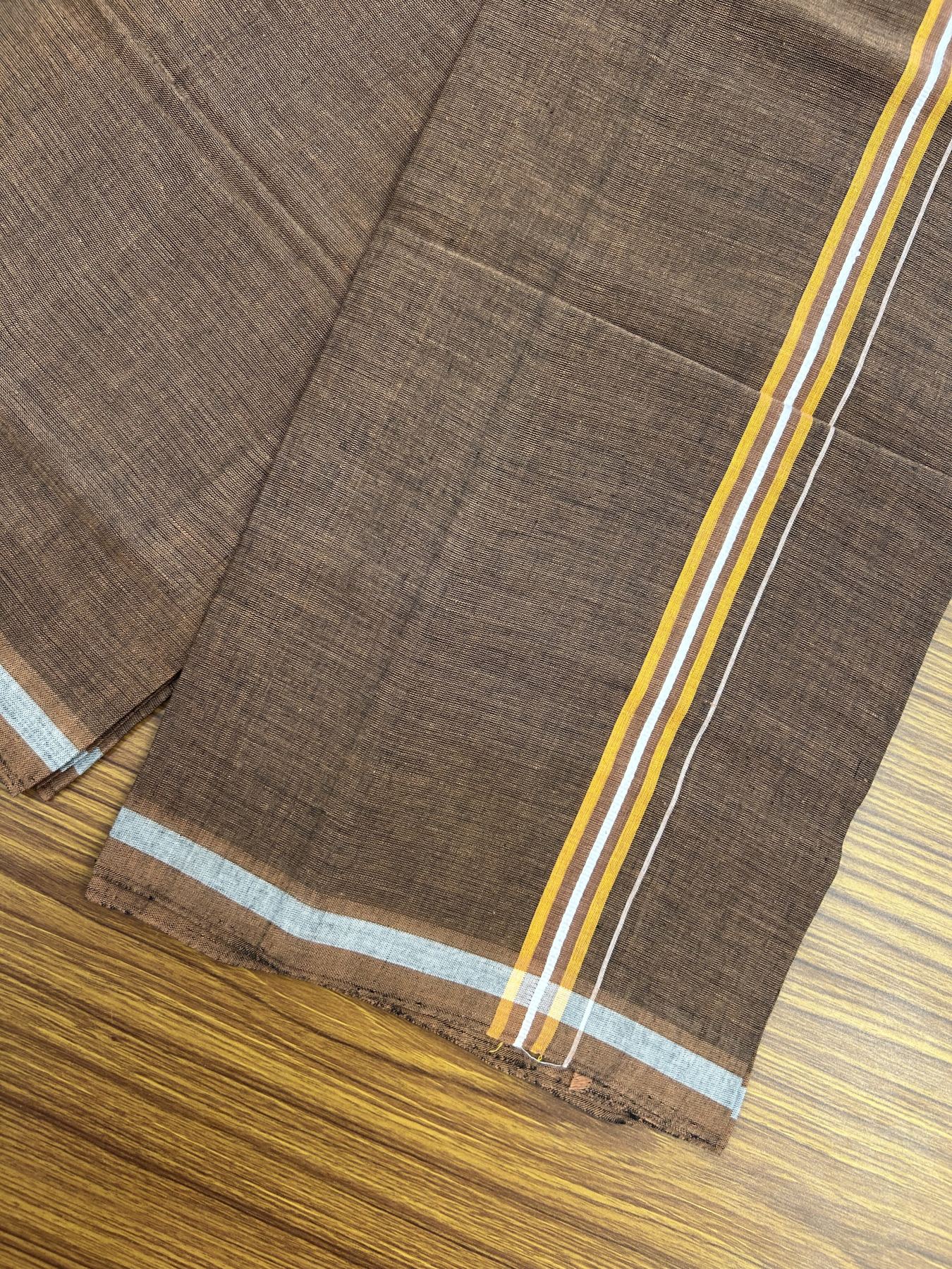 Handloom Single Hallmarked - 10% Discount ! KaithariKada 100% Pure Cotton - Mundu/Dhoti 0.5 inch Light Orange & White striped Kara with Brown colour Body - (2 meter / 4 muzham) - 79 KK8044 ELA