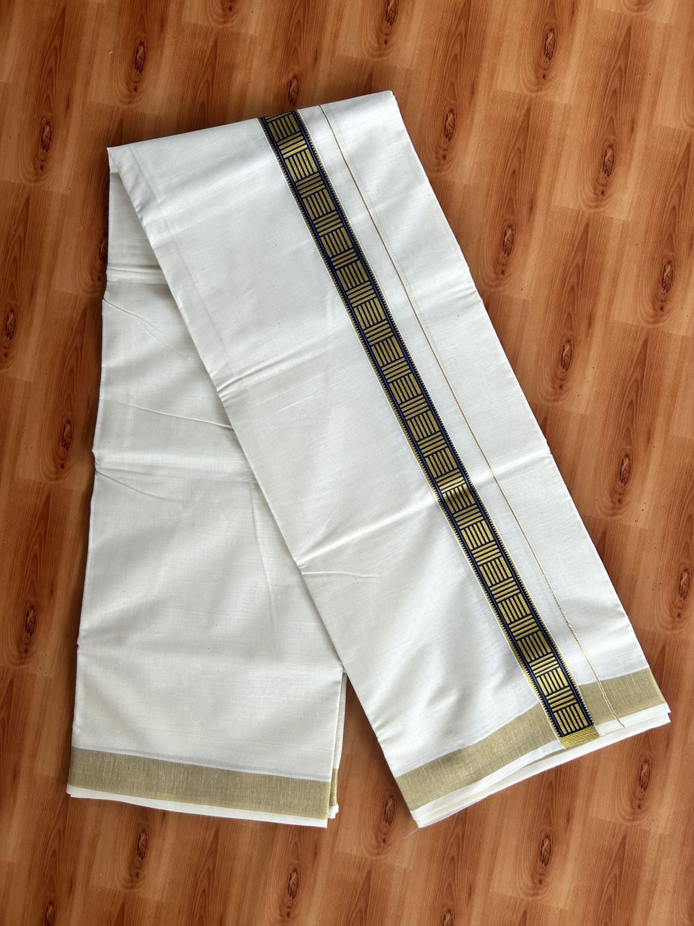 Double Off White - (Unbleached) Mundu/Dhoti- 20% Discount!! KaithariKada Balaramapuram 100% Cotton (60s) - 1.25 inch Gold Kasav & Navy Blue Pattern Printed Kara - 5 KK5408 GAN