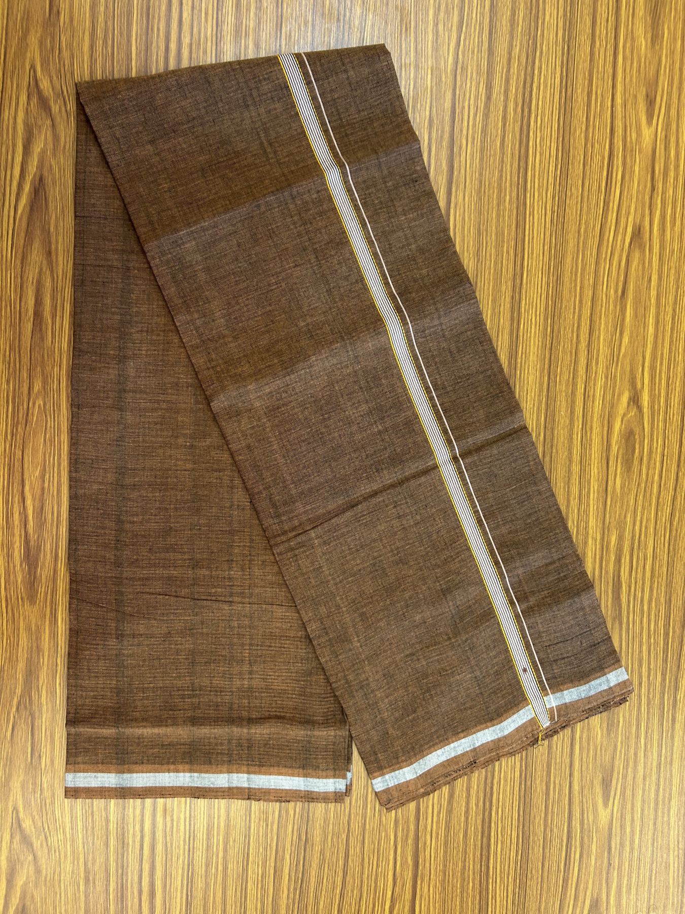 Handloom Single Hallmarked - 10% Discount ! KaithariKada 100% Pure Cotton - Mundu/Dhoti 0.5 inch Light Orange & White striped Kara with Brown colour Body - (2 meter / 4 muzham) - 78 KK8044 ELA