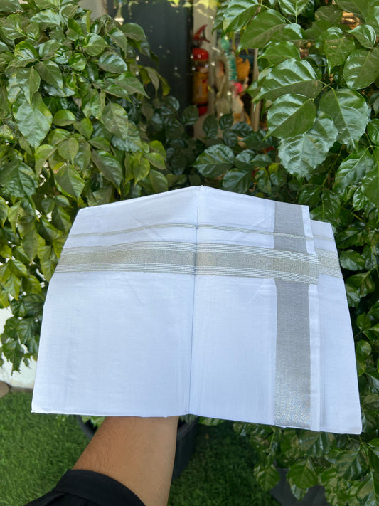 20% Discount ! Kaitharikada Balaramapuram 100% Cotton Pure White Double Mundu/Dothi - 100x80 - 1.25 inch Silver Kasav Striped Kara 3.90 m (8 muzham) - 87 KK5364 MC
