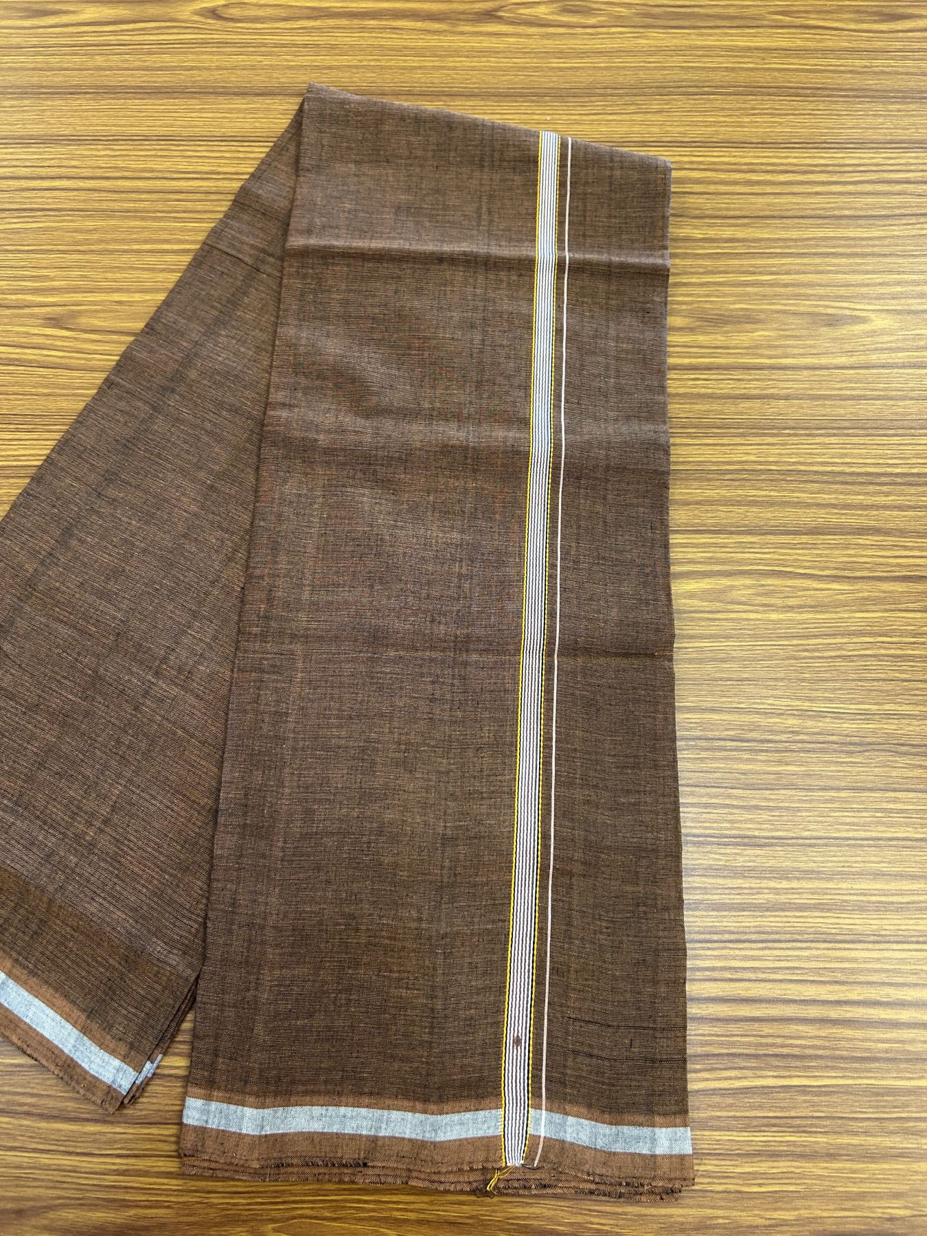 Handloom Single Hallmarked - 10% Discount ! KaithariKada 100% Pure Cotton - Mundu/Dhoti 0.5 inch Light Orange & White striped Kara with Brown colour Body - (2 meter / 4 muzham) - 78 KK8044 ELA