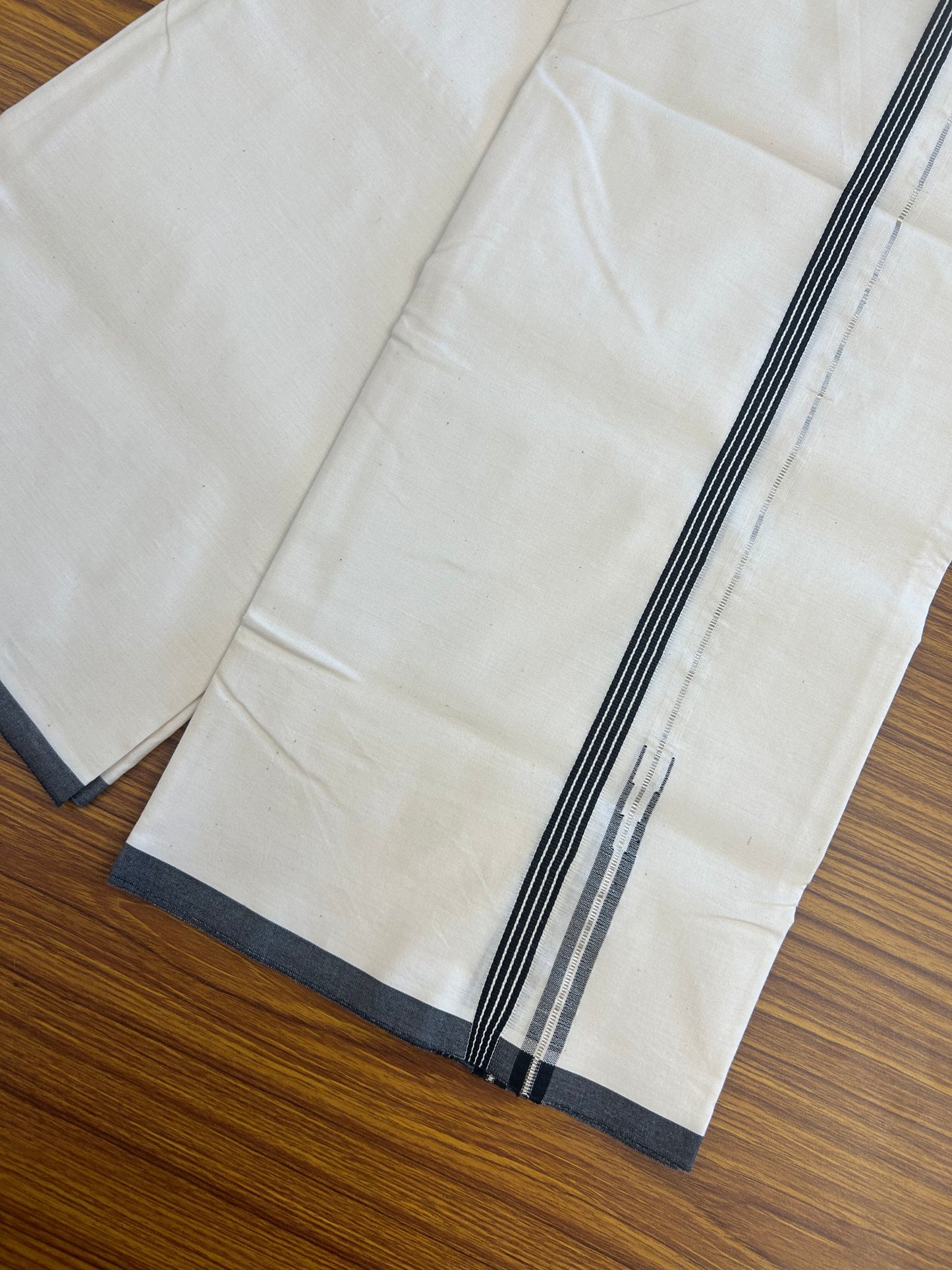 20% Discount!!  KaithariKada Balaramapuram 100% Cotton Single Off white (Unbleached) Mundu/Dhoti- Twisted 100s Thread - 1.5 cm Puliyilakkara Silver Kasav & Black Striped Chutty Kara (2 meter / 4 muzham) - 3 KK5346 ASH