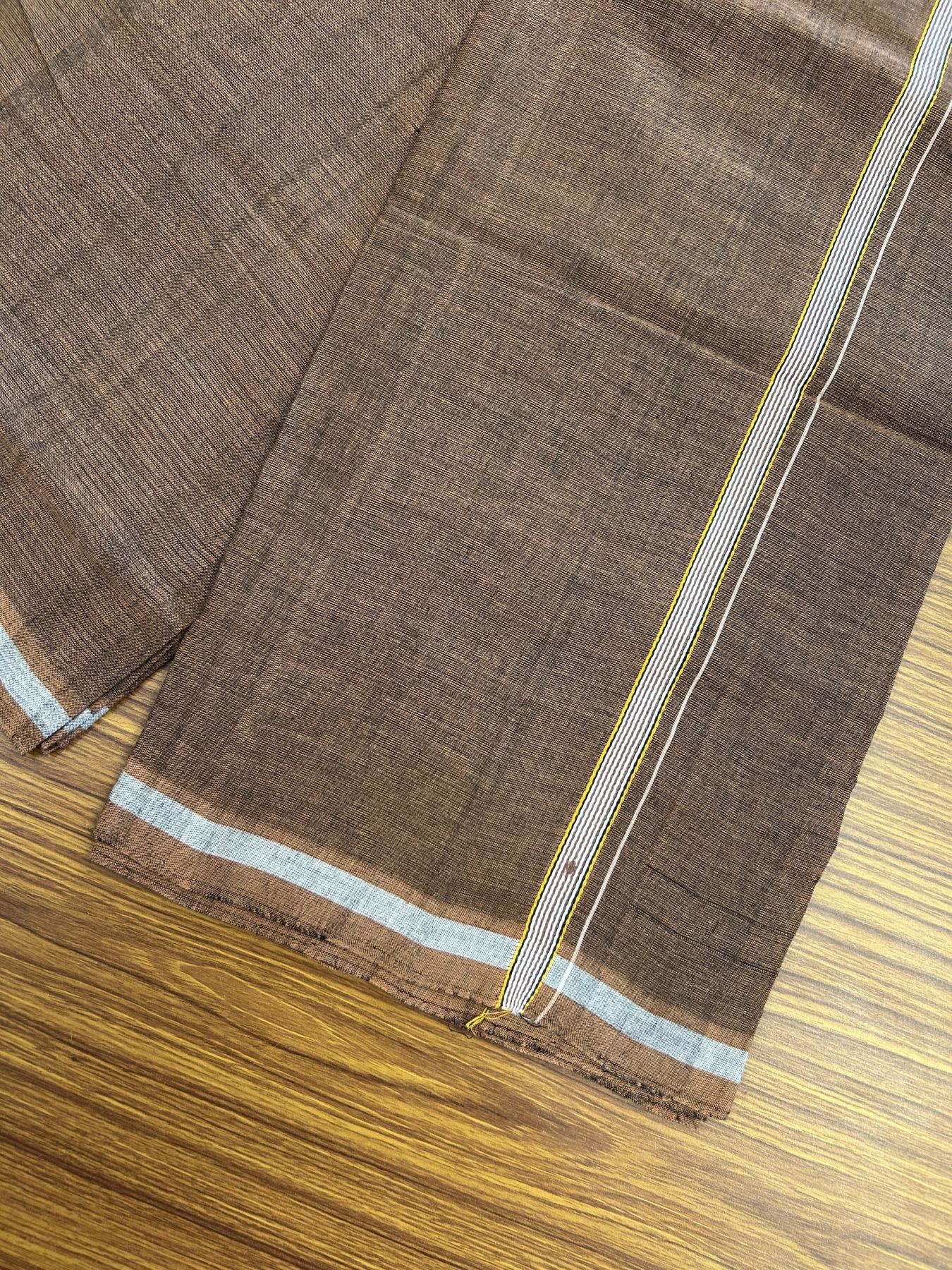 Handloom Single Hallmarked - 10% Discount ! KaithariKada 100% Pure Cotton - Mundu/Dhoti 0.5 inch Light Orange & White striped Kara with Brown colour Body - (2 meter / 4 muzham) - 78 KK8044 ELA