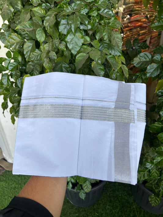 20% Discount ! Kaitharikada Balaramapuram 100% Cotton Pure White Double Mundu/Dothi - 100x80 - 1.25 inch Silver Kasav Striped Kara 3.90 m (8 muzham) - 85 KK5364 MC