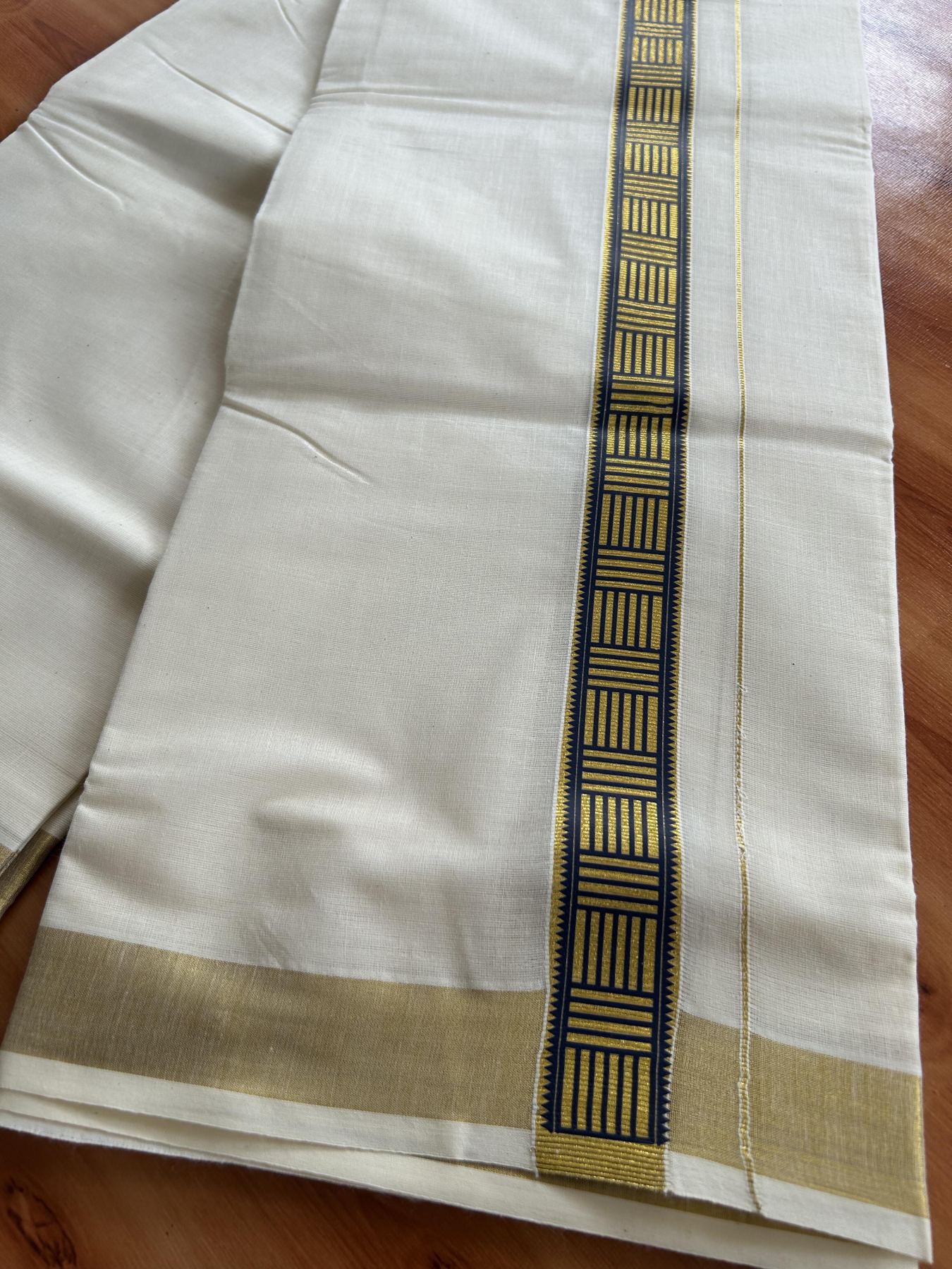 Double Off White - (Unbleached) Mundu/Dhoti- 20% Discount!! KaithariKada Balaramapuram 100% Cotton (60s) - 1.25 inch Gold Kasav & Navy Blue Pattern Printed Kara - 5 KK5408 GAN