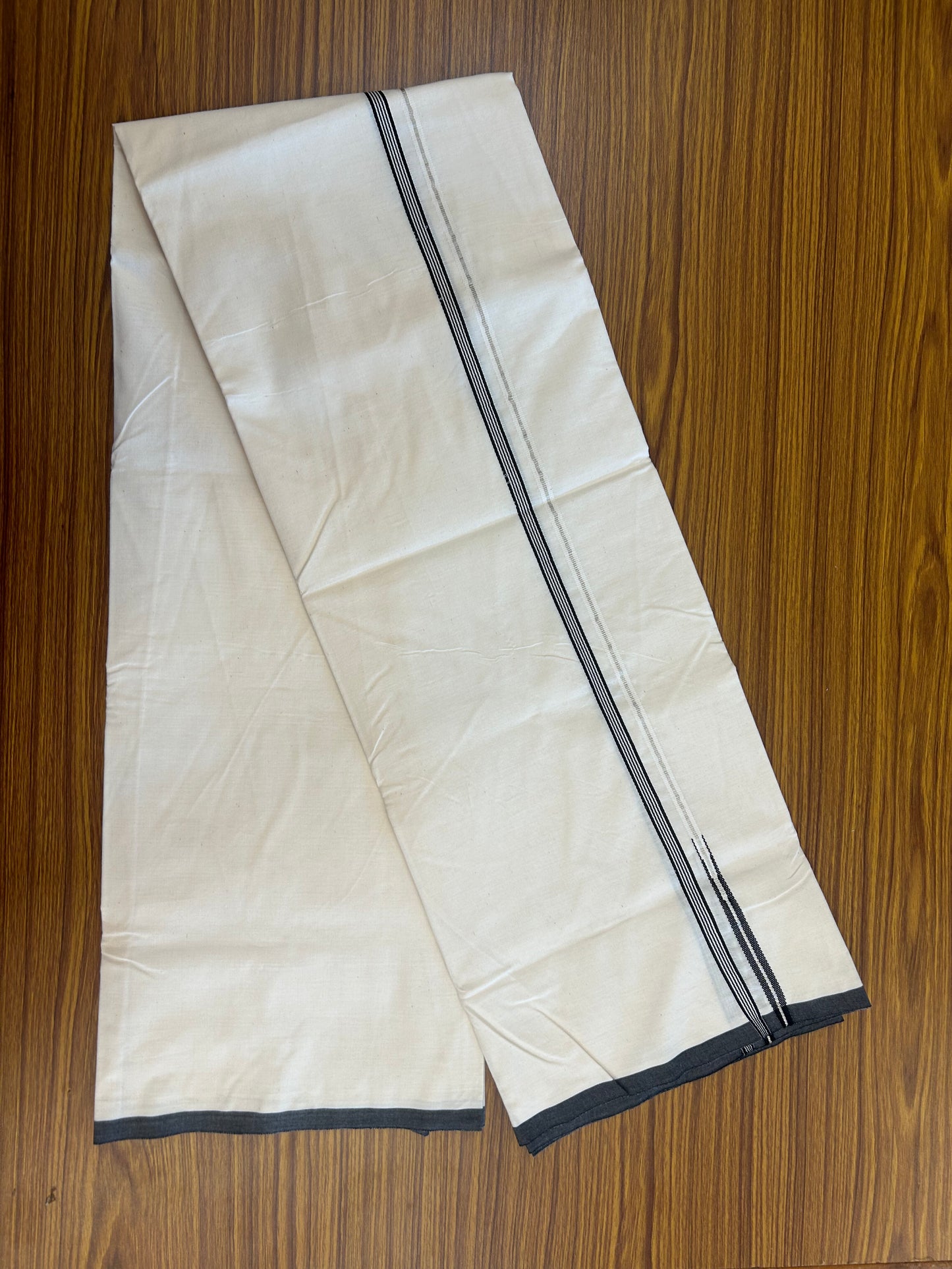 20% Discount!!  KaithariKada Balaramapuram 100% Cotton Single Off white (Unbleached) Mundu/Dhoti- Twisted 100s Thread - 1 cm Puliyilakkara Silver Kasav & Black Striped Chutty Kara (2 meter / 4 muzham) - 4 KK5346 ASH