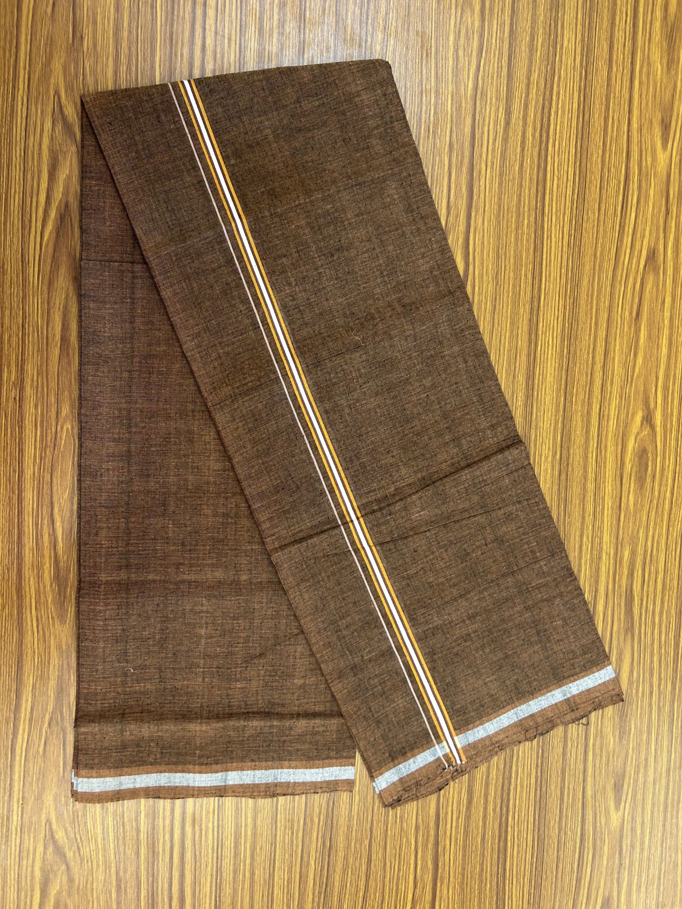 Handloom Single Hallmarked - 10% Discount ! KaithariKada 100% Pure Cotton - Mundu/Dhoti 0.5 inch Light Orange & White striped Kara with Brown colour Body - (2 meter / 4 muzham) - 77 KK8044 ELA