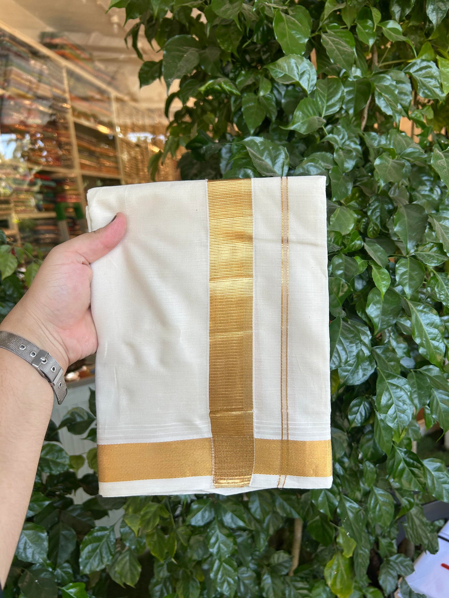 20% Discount ! KaithariKada  Balaramapuram - 100% Pure Cotton Off White - (Unbleached) Double Mundu/Dhoti - 100X80 - 1.5 inch Gold Kasav Kara 4.00 M (8.5 Muzham) - 91 KK5364 MC
