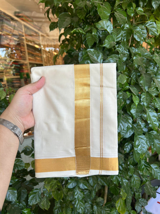 20% Discount ! KaithariKada  Balaramapuram - 100% Pure Cotton Off White - (Unbleached) Double Mundu/Dhoti - 100X80 - 1.5 inch Gold Kasav Kara 4.00 M (8.5 Muzham) - 91 KK5364 MC