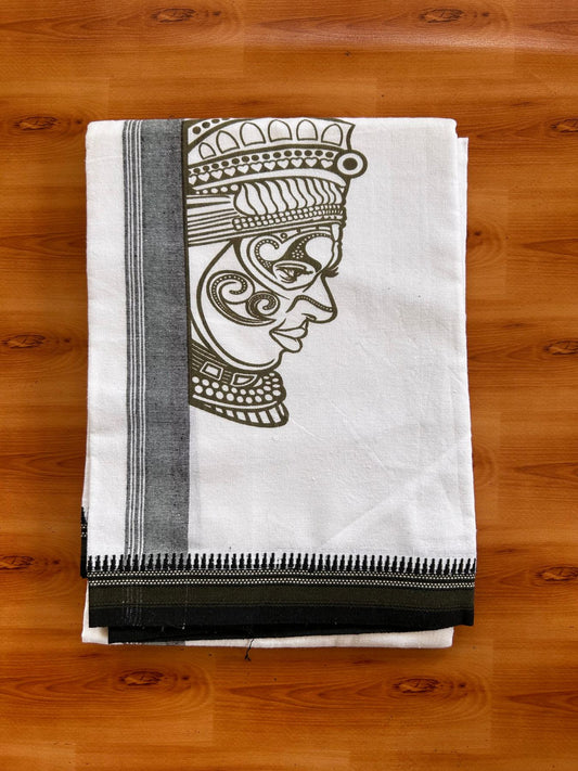Single White Kaily / Lungi - Kerala Mund Polyster Mixed Cotton - (20s) - 2 inch Black & Olive Green Stripes Kathakali Printed Kara (2 meter / 4 muzham) - 12 KK8086 KUT