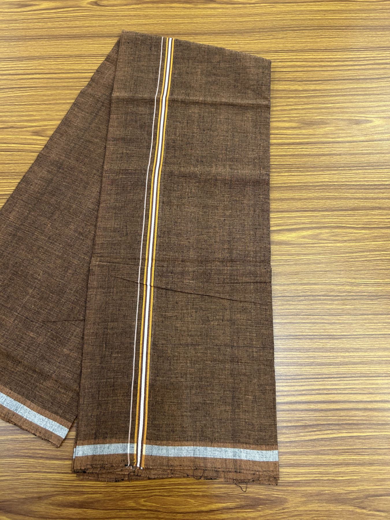 Handloom Single Hallmarked - 10% Discount ! KaithariKada 100% Pure Cotton - Mundu/Dhoti 0.5 inch Light Orange & White striped Kara with Brown colour Body - (2 meter / 4 muzham) - 77 KK8044 ELA