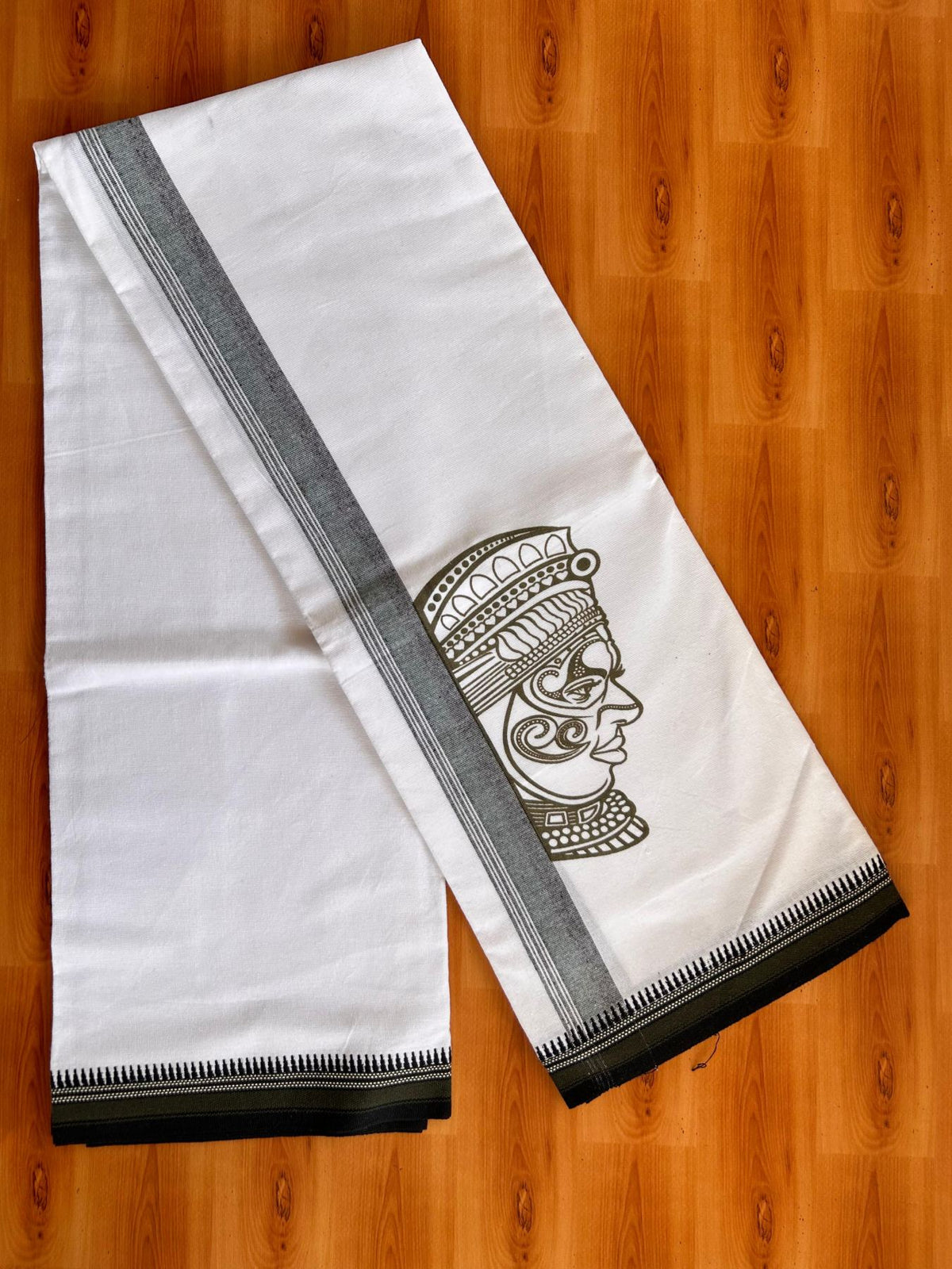 Single White Kaily / Lungi - Kerala Mund Polyster Mixed Cotton - (20s) - 2 inch Black & Olive Green Stripes Kathakali Printed Kara (2 meter / 4 muzham) - 12 KK8086 KUT