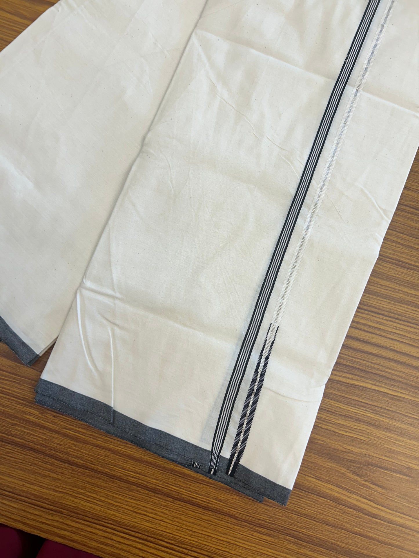 20% Discount!!  KaithariKada Balaramapuram 100% Cotton Single Off white (Unbleached) Mundu/Dhoti- Twisted 100s Thread - 1 cm Puliyilakkara Silver Kasav & Black Striped Chutty Kara (2 meter / 4 muzham) - 4 KK5346 ASH