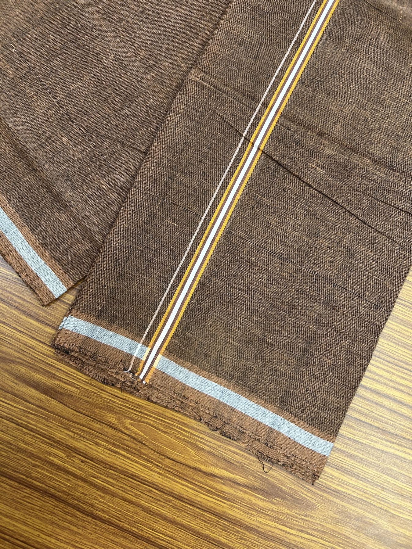 Handloom Single Hallmarked - 10% Discount ! KaithariKada 100% Pure Cotton - Mundu/Dhoti 0.5 inch Light Orange & White striped Kara with Brown colour Body - (2 meter / 4 muzham) - 77 KK8044 ELA