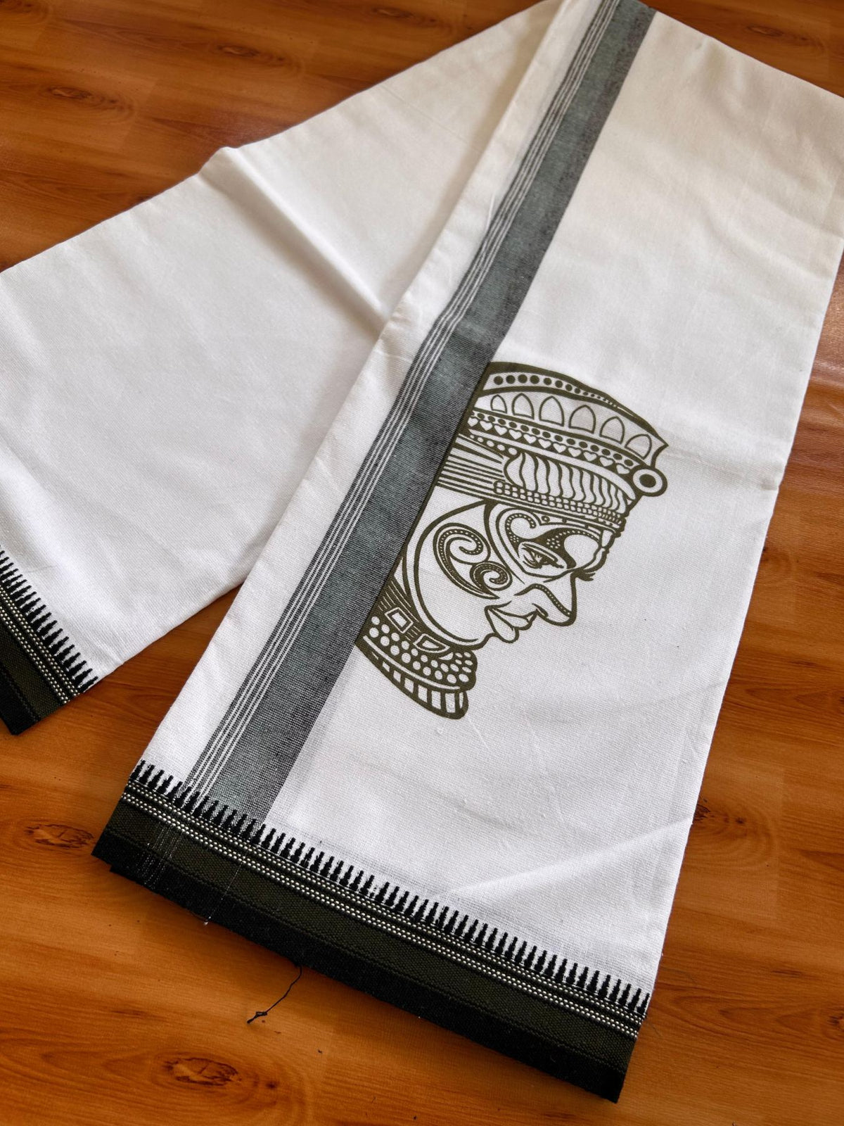 Single White Kaily / Lungi - Kerala Mund Polyster Mixed Cotton - (20s) - 2 inch Black & Olive Green Stripes Kathakali Printed Kara (2 meter / 4 muzham) - 12 KK8086 KUT