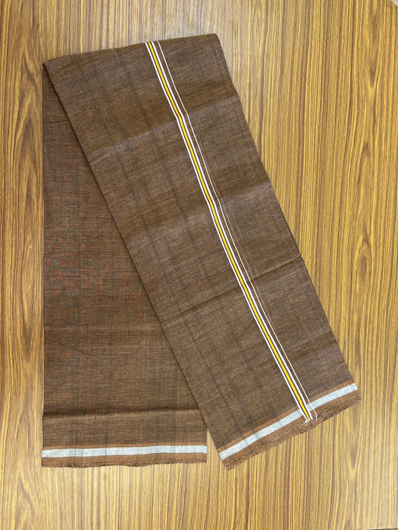 Handloom Single Hallmarked - 10% Discount ! KaithariKada 100% Pure Cotton - Mundu/Dhoti 0.5 inch Light Orange & White striped Kara with Brown colour Body - (2 meter / 4 muzham) - 76 KK8044 ELA