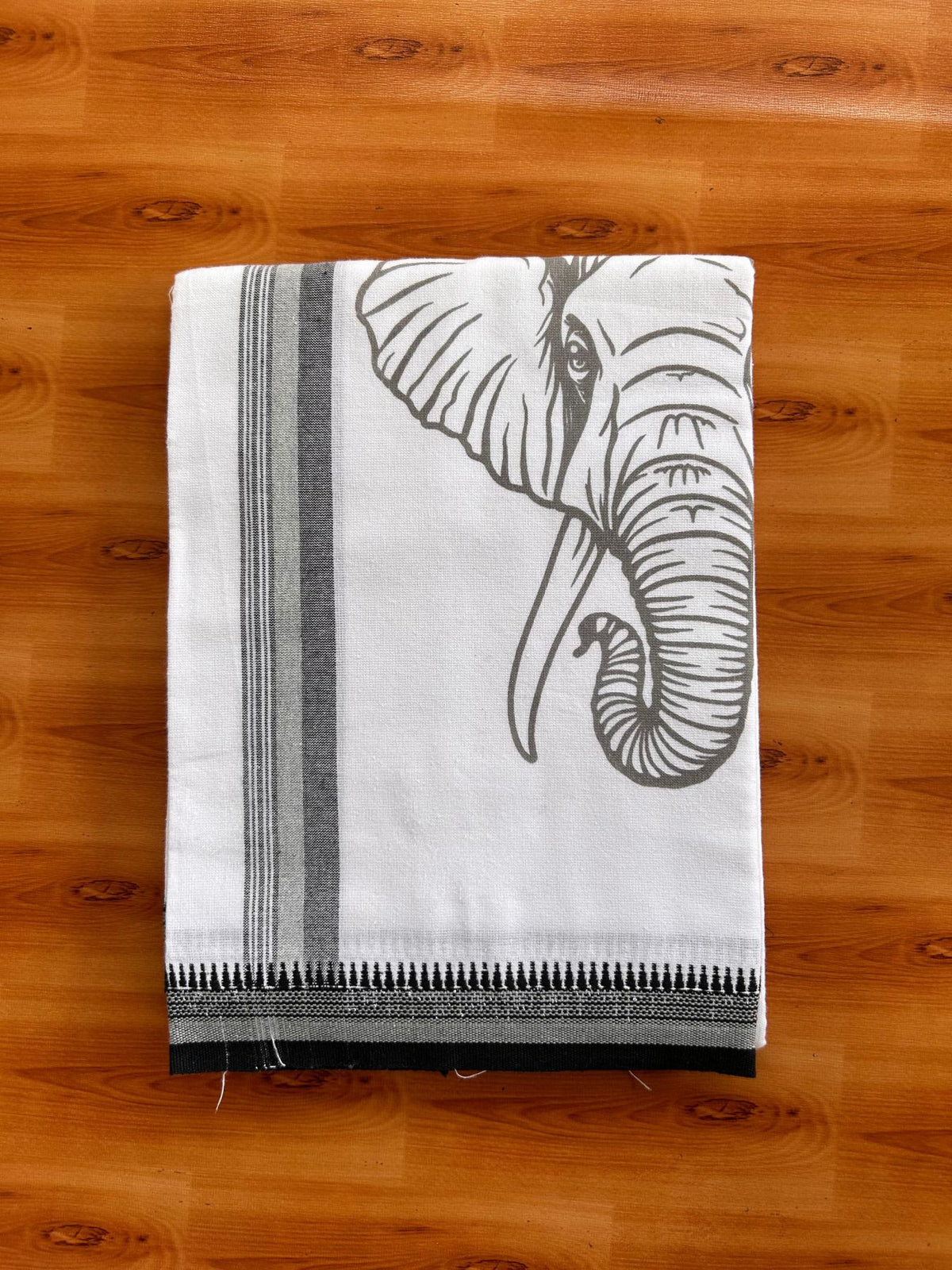 Single White Kaily / Lungi - Kerala Mund Polyster Mixed Cotton - (20s) - 2 inch Ash & Black Stripes Grey Elephant Printed Kara (2 meter / 4 muzham) - 8 KK8086 KUT