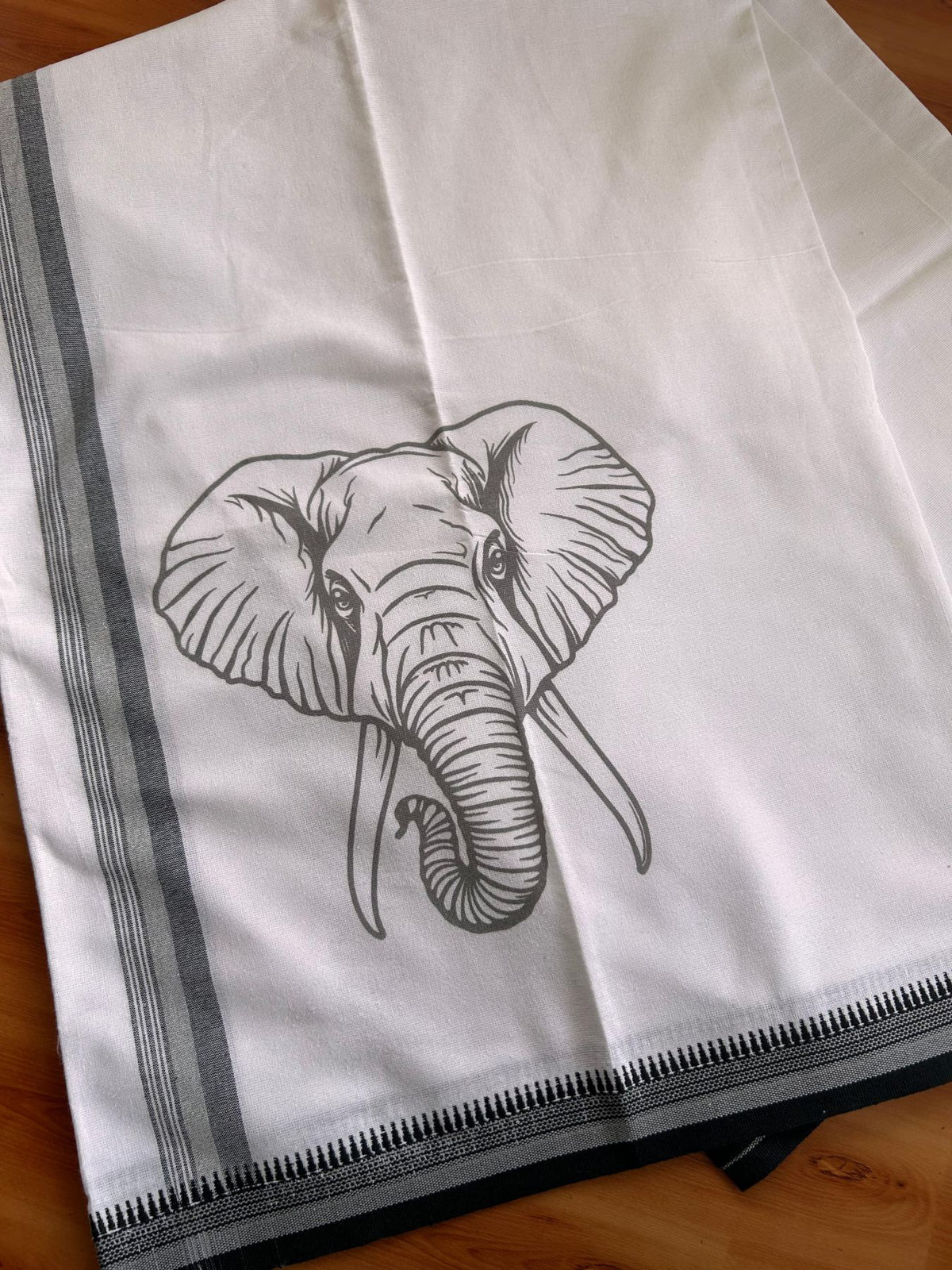 Single White Kaily / Lungi - Kerala Mund Polyster Mixed Cotton - (20s) - 2 inch Ash & Black Stripes Grey Elephant Printed Kara (2 meter / 4 muzham) - 8 KK8086 KUT