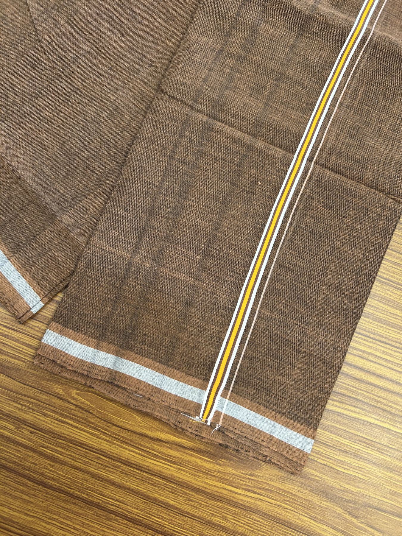 Handloom Single Hallmarked - 10% Discount ! KaithariKada 100% Pure Cotton - Mundu/Dhoti 0.5 inch Light Orange & White striped Kara with Brown colour Body - (2 meter / 4 muzham) - 76 KK8044 ELA