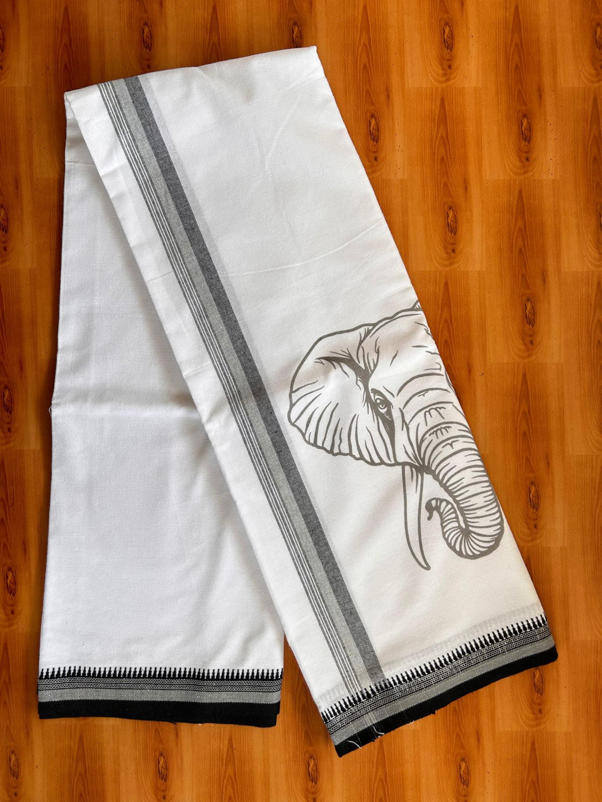 Single White Kaily / Lungi - Kerala Mund Polyster Mixed Cotton - (20s) - 2 inch Ash & Black Stripes Grey Elephant Printed Kara (2 meter / 4 muzham) - 8 KK8086 KUT