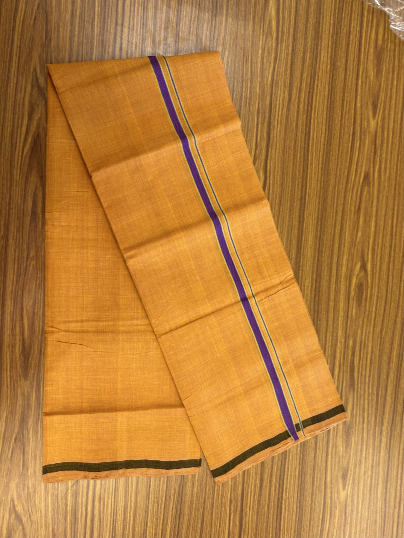 Handloom Single Hallmarked - 10% Discount ! KaithariKada 100% Pure Cotton - Mundu/Dhoti 0.5 inch Violet & Parrot Green Kara with Kavi colour Body - (2 meter / 4 muzham) - 64 KK8044 ELA