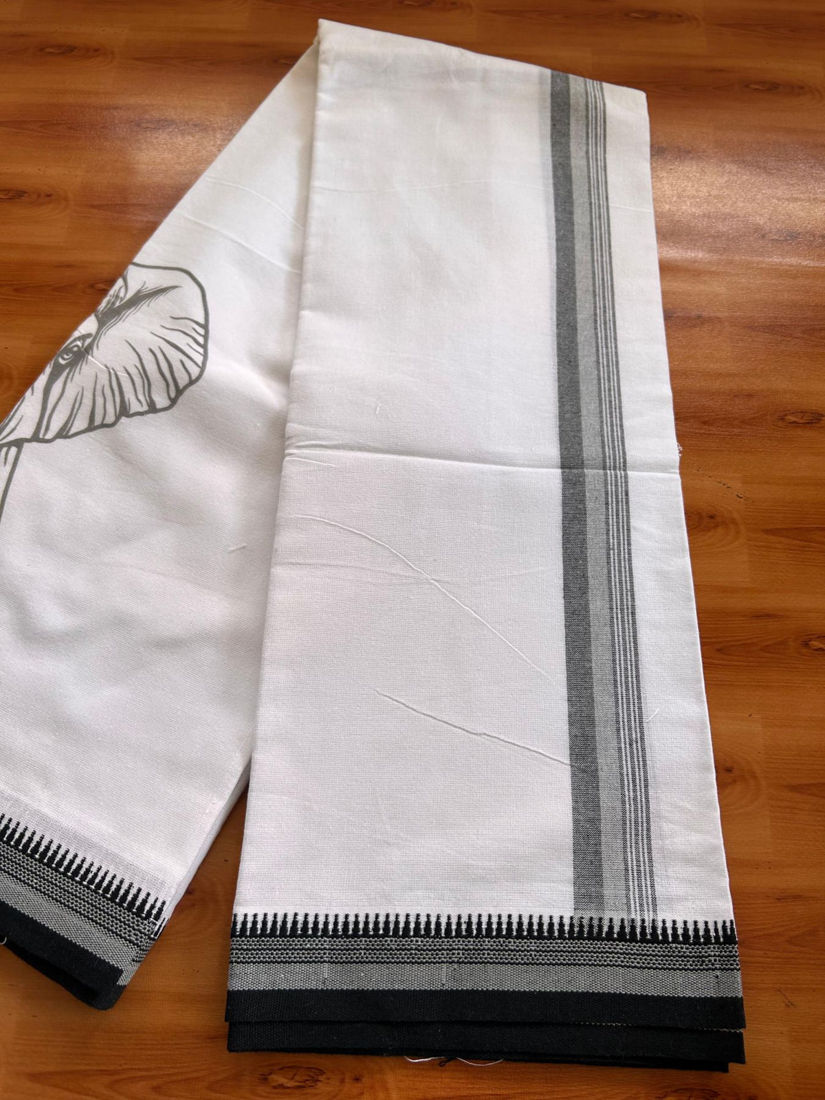 Single White Kaily / Lungi - Kerala Mund Polyster Mixed Cotton - (20s) - 2 inch Ash & Black Stripes Grey Elephant Printed Kara (2 meter / 4 muzham) - 8 KK8086 KUT