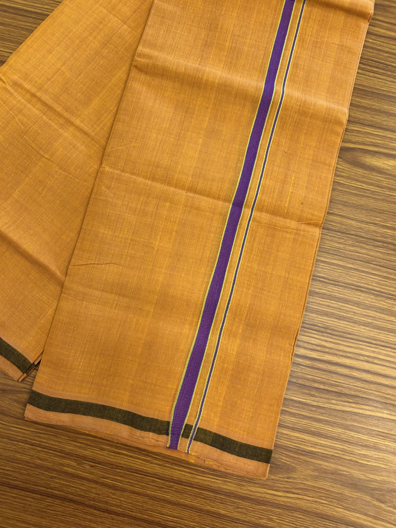 Handloom Single Hallmarked - 10% Discount ! KaithariKada 100% Pure Cotton - Mundu/Dhoti 0.5 inch Violet & Parrot Green Kara with Kavi colour Body - (2 meter / 4 muzham) - 64 KK8044 ELA