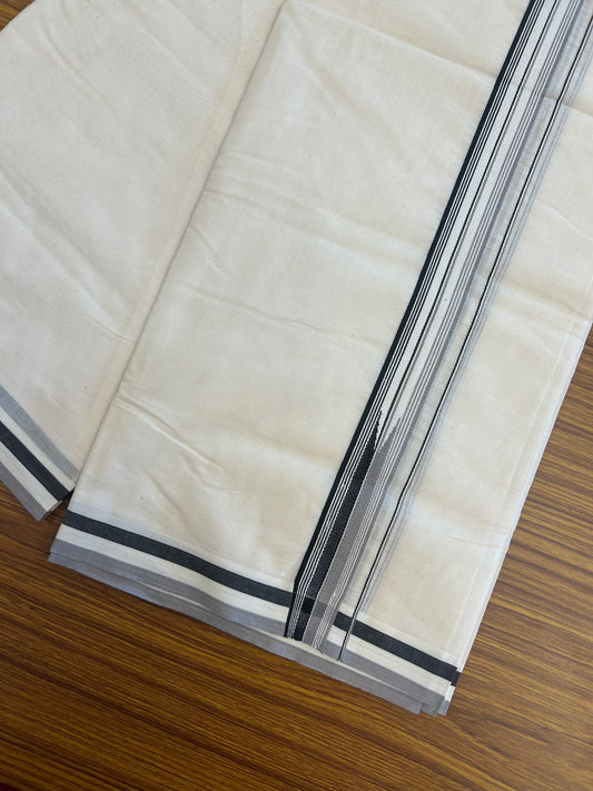 20% Discount ! KaithariKada 100% Cotton off white Double - (Unbleached) Mundu/Dhoti - 100X100 - 1.25 inch Puliyilakkara Black & Ash Lavender Striped Chutty kara - 10 KK5346 ASH