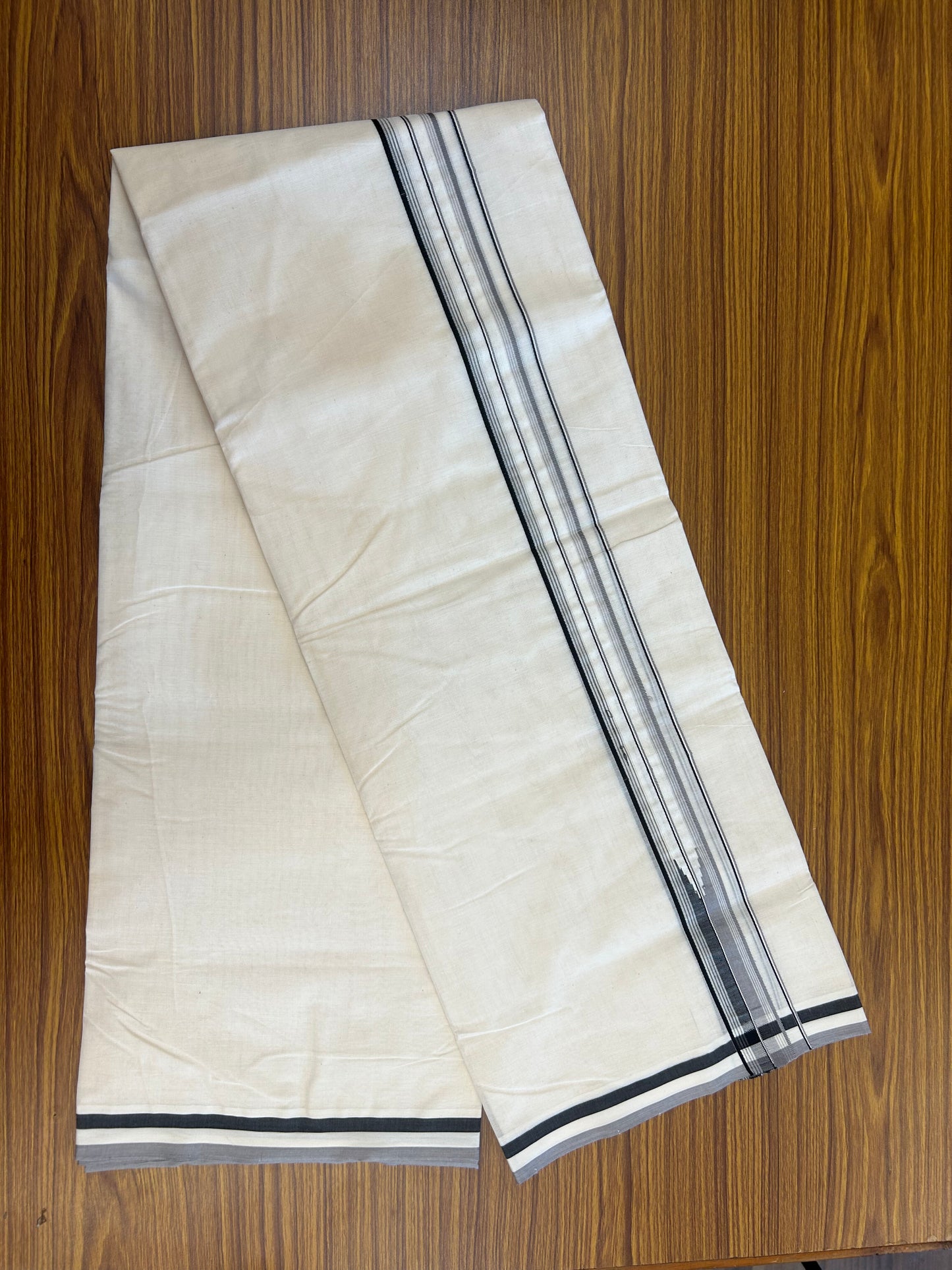 20% Discount ! KaithariKada 100% Cotton off white Double - (Unbleached) Mundu/Dhoti - 100X100 - 1.25 inch Puliyilakkara Black & Ash Lavender Striped Chutty kara - 13 KK5346 ASH
