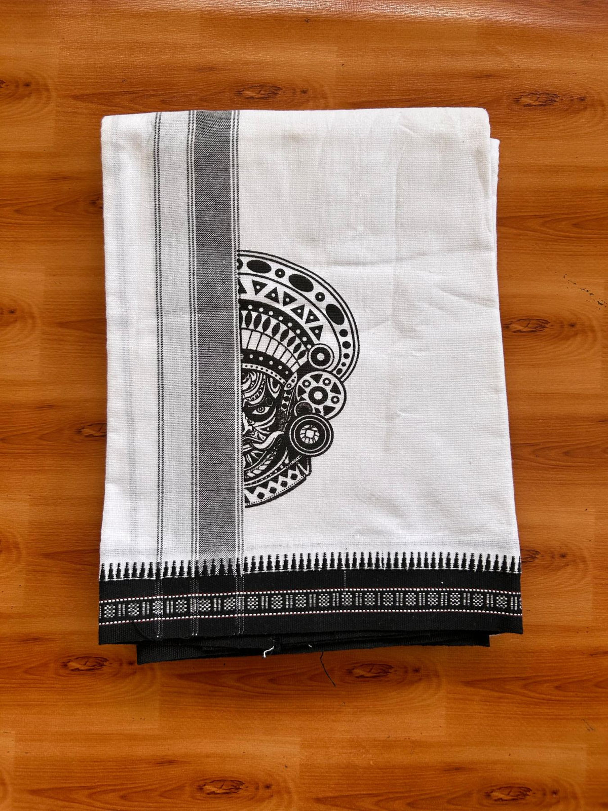 Single White Kaily / Lungi - Kerala Mund Polyster Mixed Cotton - (20s) - 2 inch Black Stripes Theyyam Printed Kara (2 meter / 4 muzham) - 11 KK8086 KUT