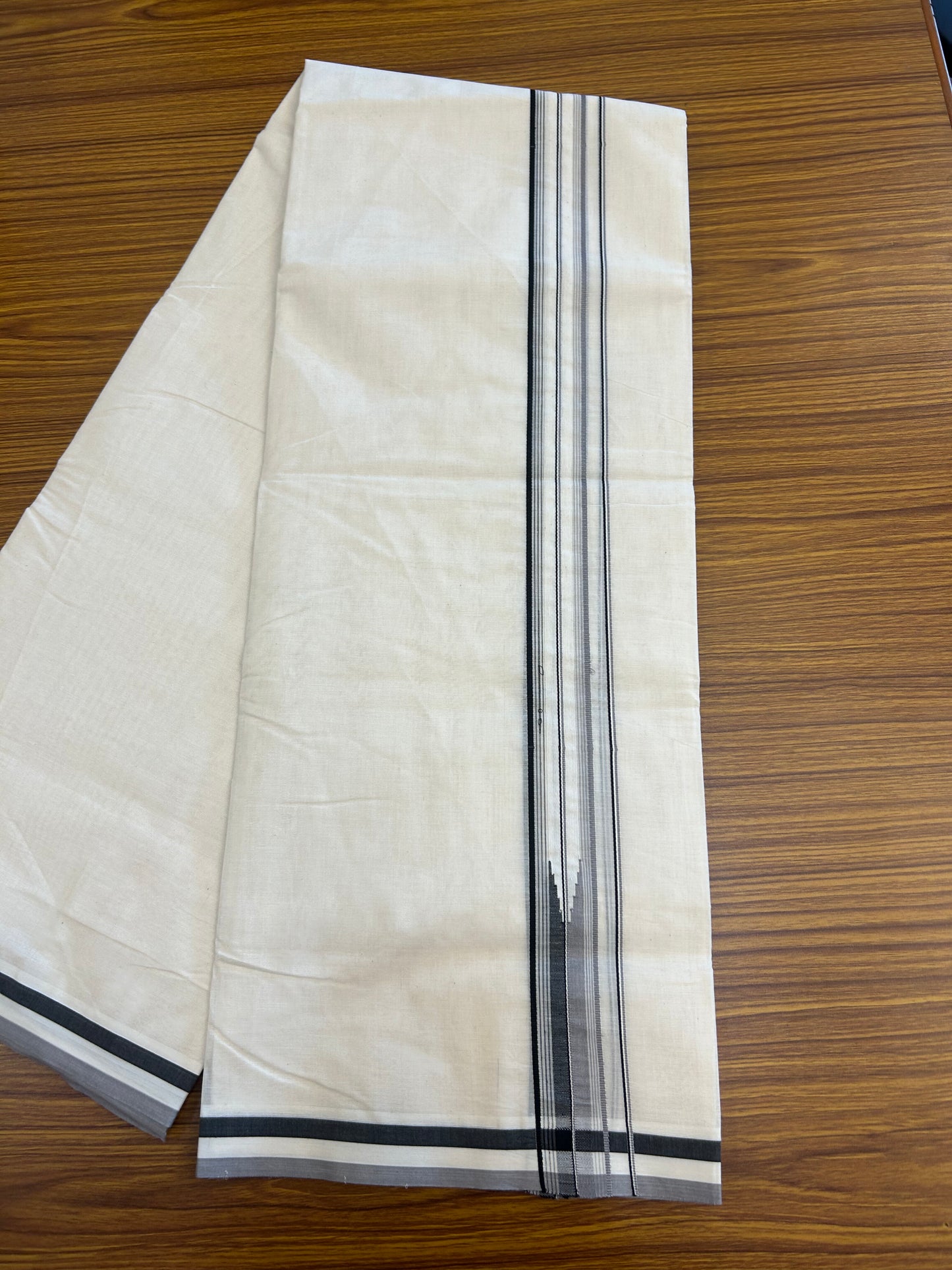 20% Discount ! KaithariKada 100% Cotton off white Double - (Unbleached) Mundu/Dhoti - 100X100 - 1.25 inch Puliyilakkara Black & Ash Lavender Striped Chutty kara - 13 KK5346 ASH