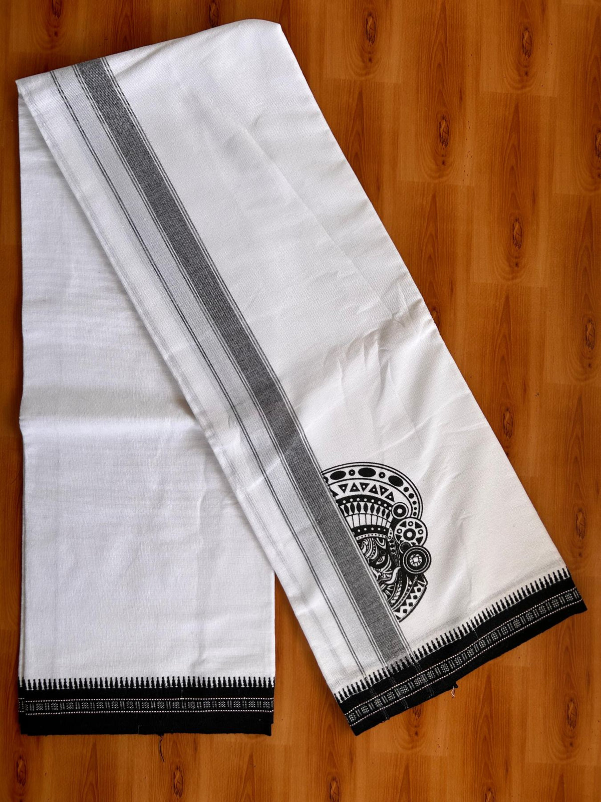 Single White Kaily / Lungi - Kerala Mund Polyster Mixed Cotton - (20s) - 2 inch Black Stripes Theyyam Printed Kara (2 meter / 4 muzham) - 11 KK8086 KUT