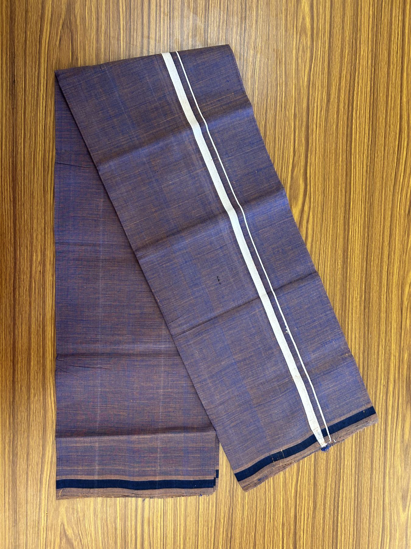 Handloom Single Hallmarked - 10% Discount !! KaithariKada 100% Pure Cotton - Mundu/Dhoti Blue Brown Shaded Body & 1 cm White Kara - (2 meter / 4 muzham) - 11 KK8044 ELA