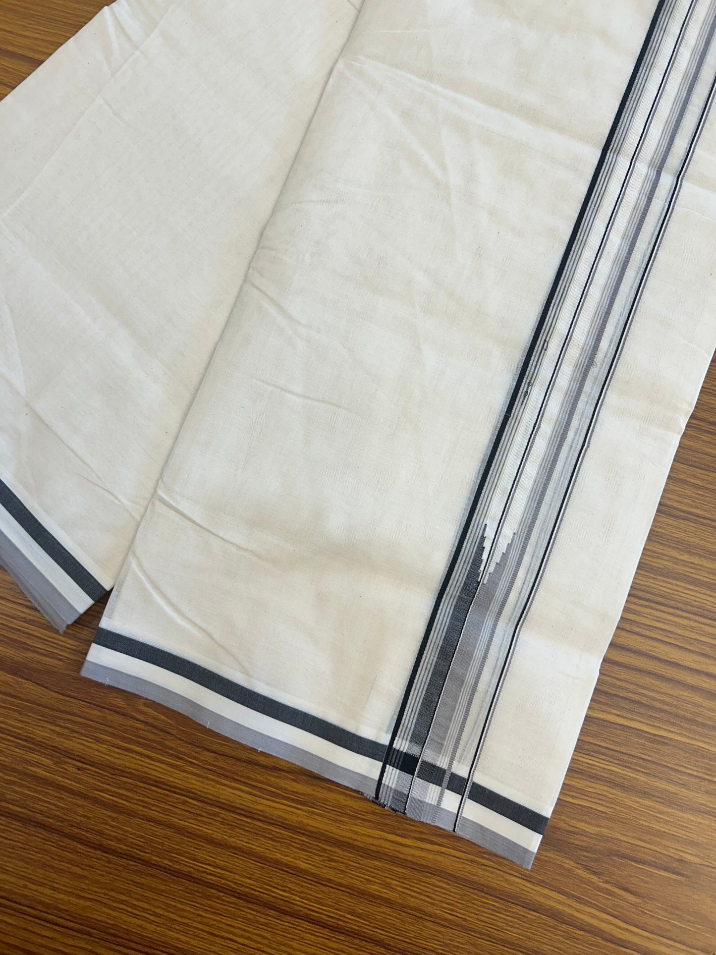 20% Discount ! KaithariKada 100% Cotton off white Double - (Unbleached) Mundu/Dhoti - 100X100 - 1.25 inch Puliyilakkara Black & Ash Lavender Striped Chutty kara - 13 KK5346 ASH