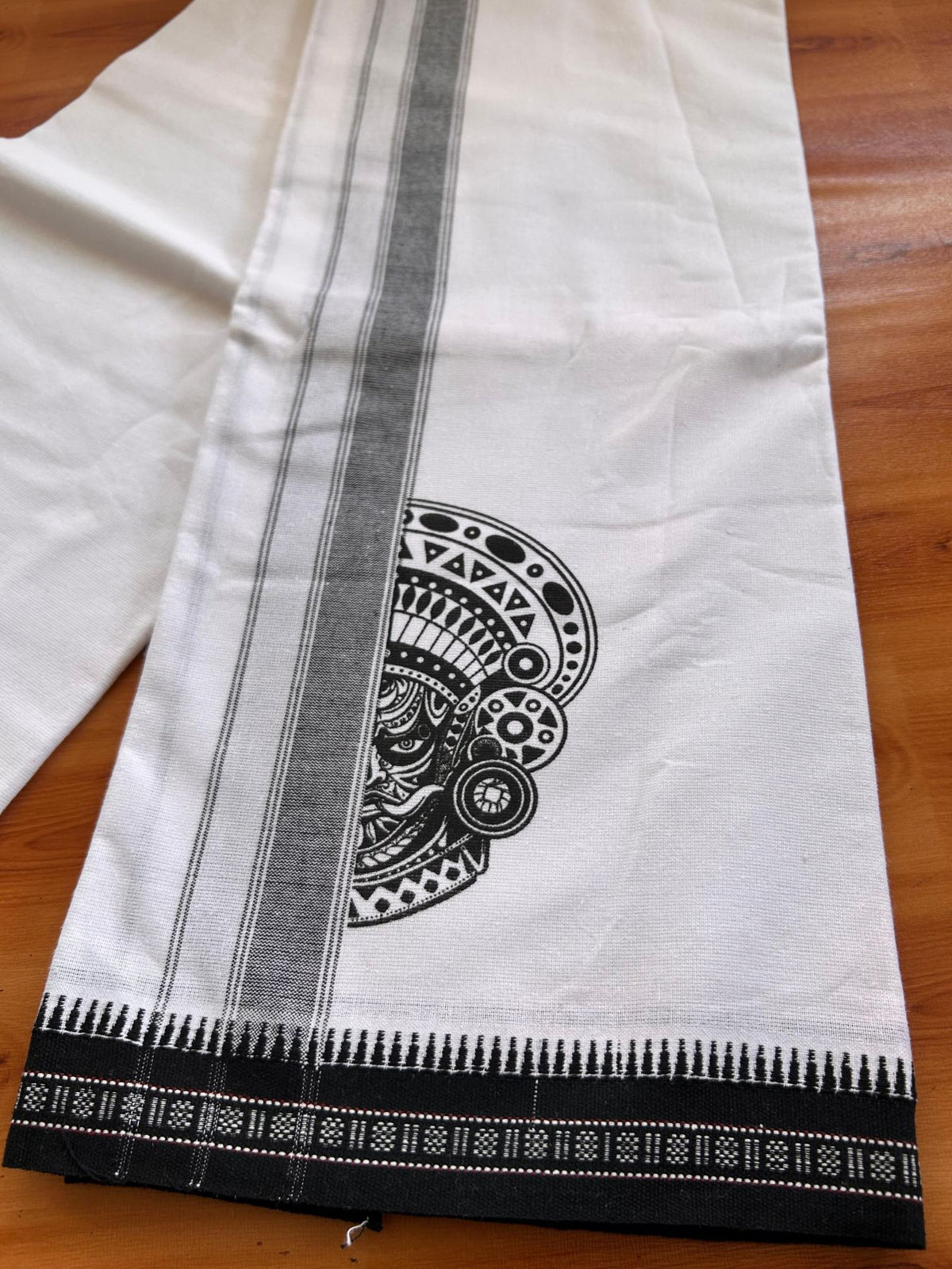 Single White Kaily / Lungi - Kerala Mund Polyster Mixed Cotton - (20s) - 2 inch Black Stripes Theyyam Printed Kara (2 meter / 4 muzham) - 11 KK8086 KUT