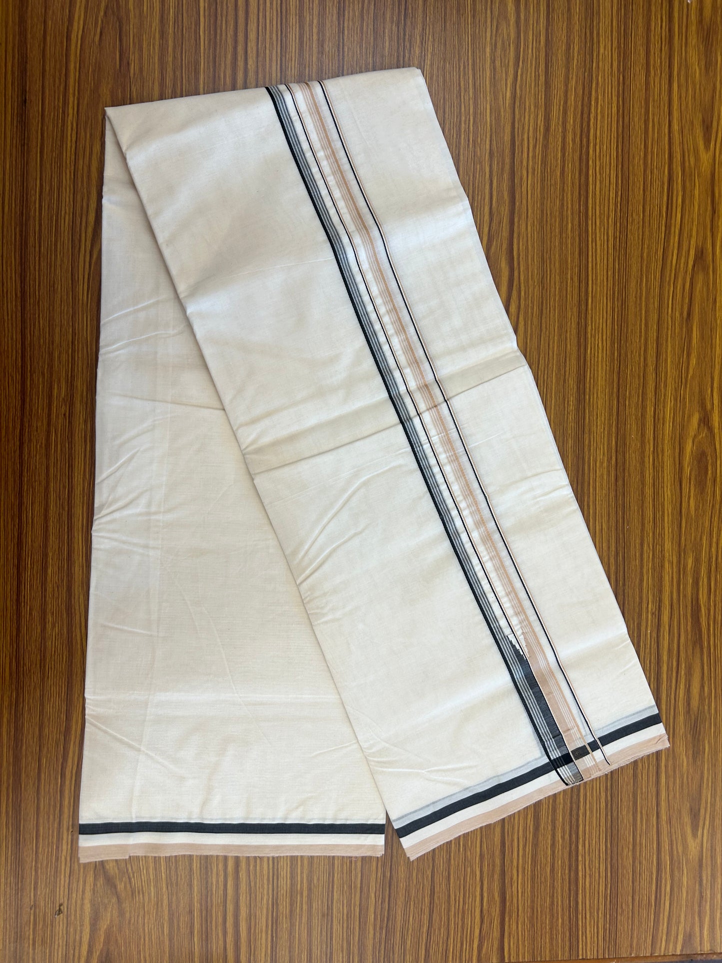 20% Discount ! KaithariKada 100% Cotton off white Double - (Unbleached) Mundu/Dhoti - 100X100 - 1.25 inch Puliyilakkara Black & Cream Striped Chutty kara - 11 KK5346 ASH
