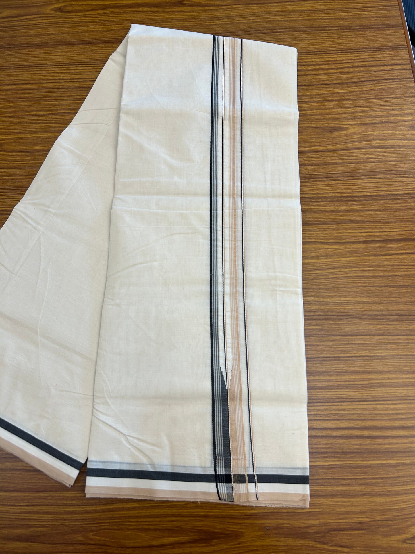 20% Discount ! KaithariKada 100% Cotton off white Double - (Unbleached) Mundu/Dhoti - 100X100 - 1.25 inch Puliyilakkara Black & Cream Striped Chutty kara - 11 KK5346 ASH