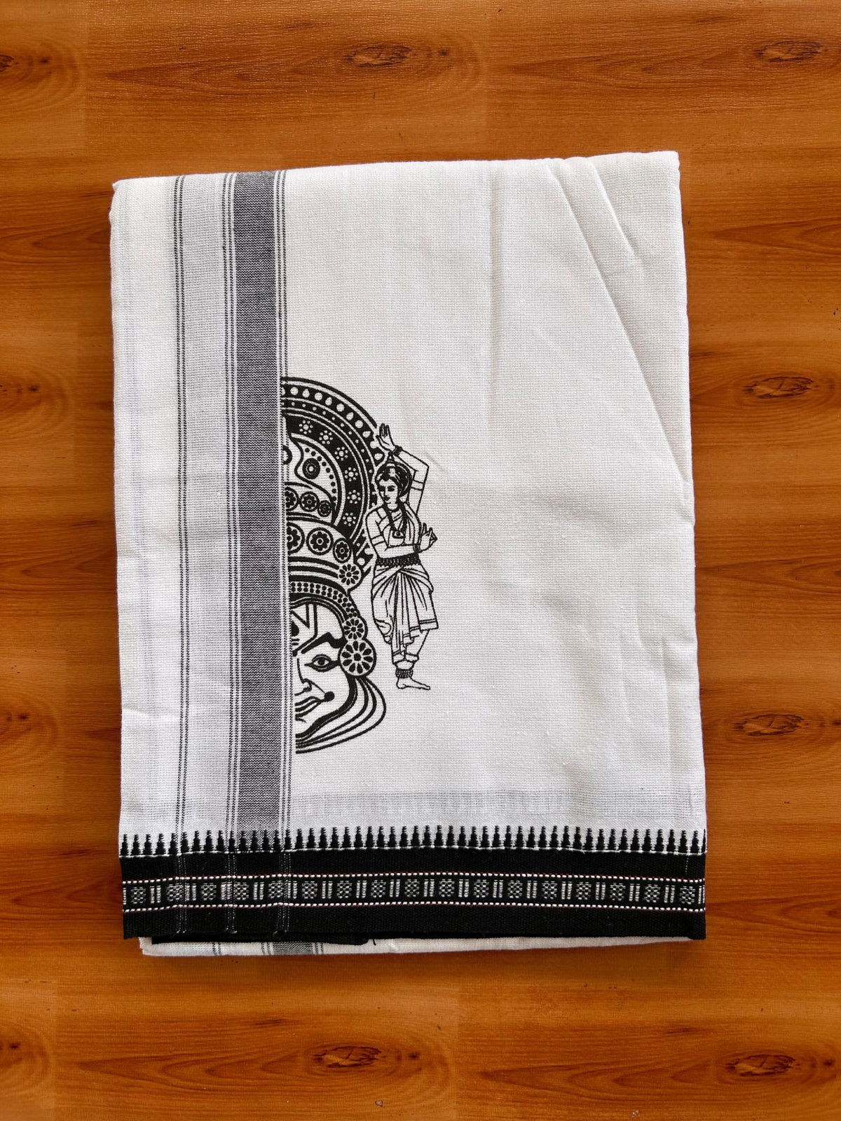Single White Kaily / Lungi - Kerala Mund Polyster Mixed Cotton - (20s) - 2 inch Black Stripes Kathakali Printed Kara (2 meter / 4 muzham) - 10 KK8086 KUT