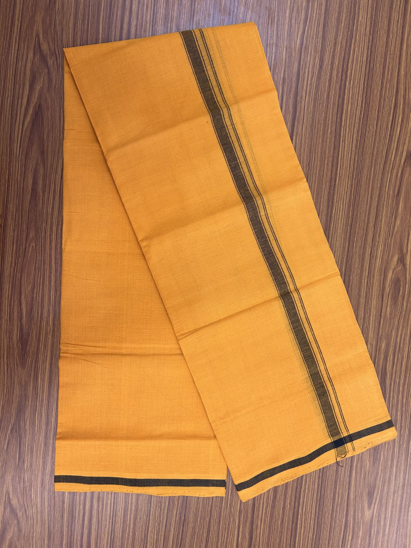 Handloom Single Hallmarked - 10% Discount !! KaithariKada 100% Pure Cotton - Mundu/Dhoti 0.75 inch Black Striped Kara with Light Orange colour Body - (2 meter / 4 muzham) - 18 KK8044 ELA