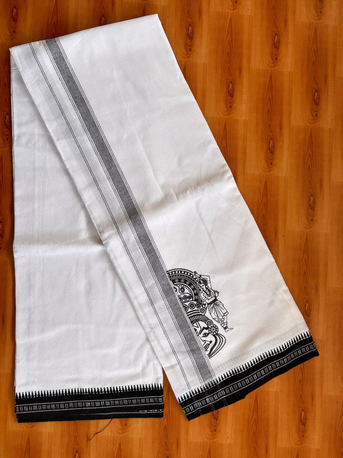 Single White Kaily / Lungi - Kerala Mund Polyster Mixed Cotton - (20s) - 2 inch Black Stripes Kathakali Printed Kara (2 meter / 4 muzham) - 10 KK8086 KUT