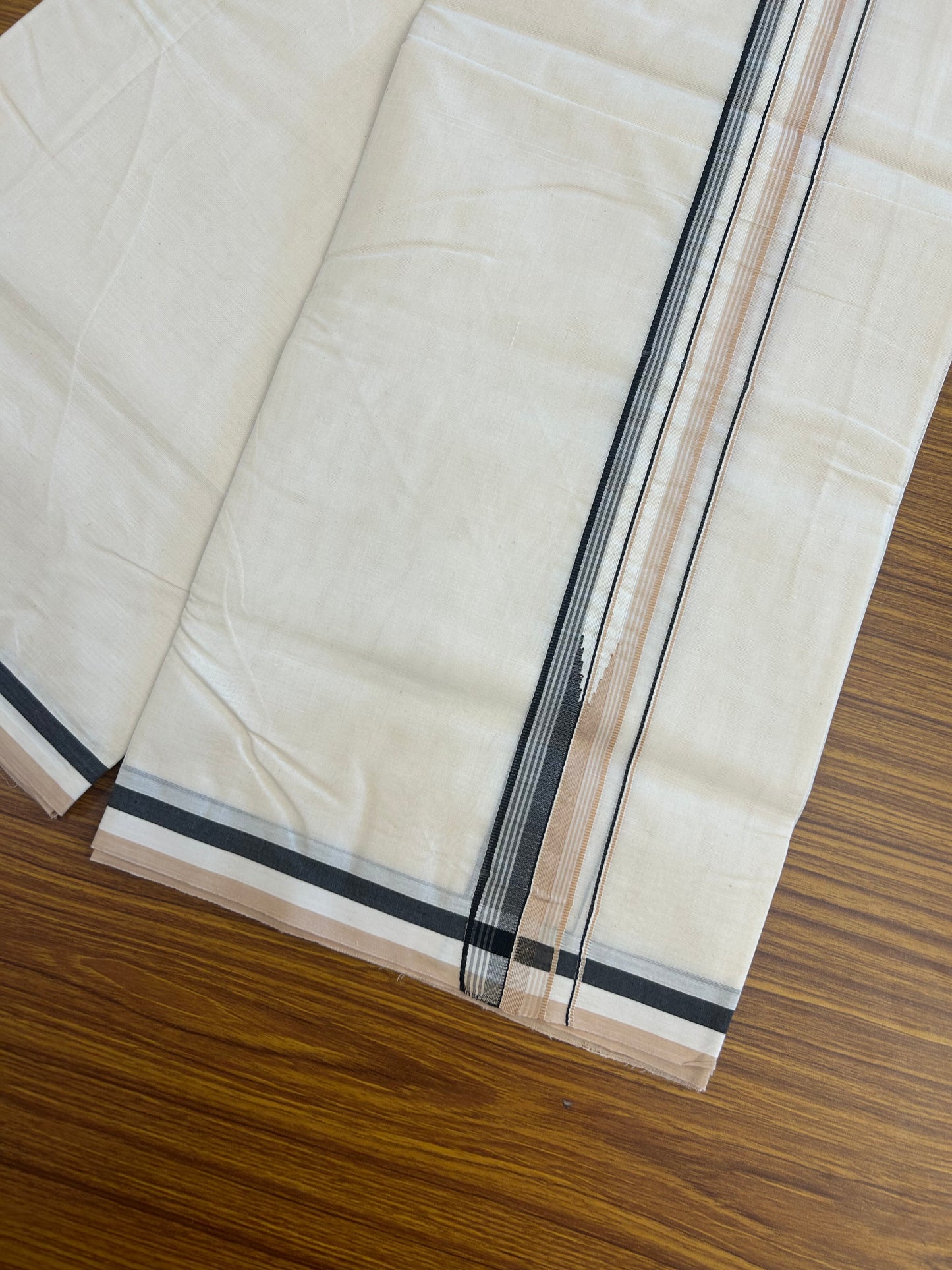 20% Discount ! KaithariKada 100% Cotton off white Double - (Unbleached) Mundu/Dhoti - 100X100 - 1.25 inch Puliyilakkara Black & Cream Striped Chutty kara - 11 KK5346 ASH
