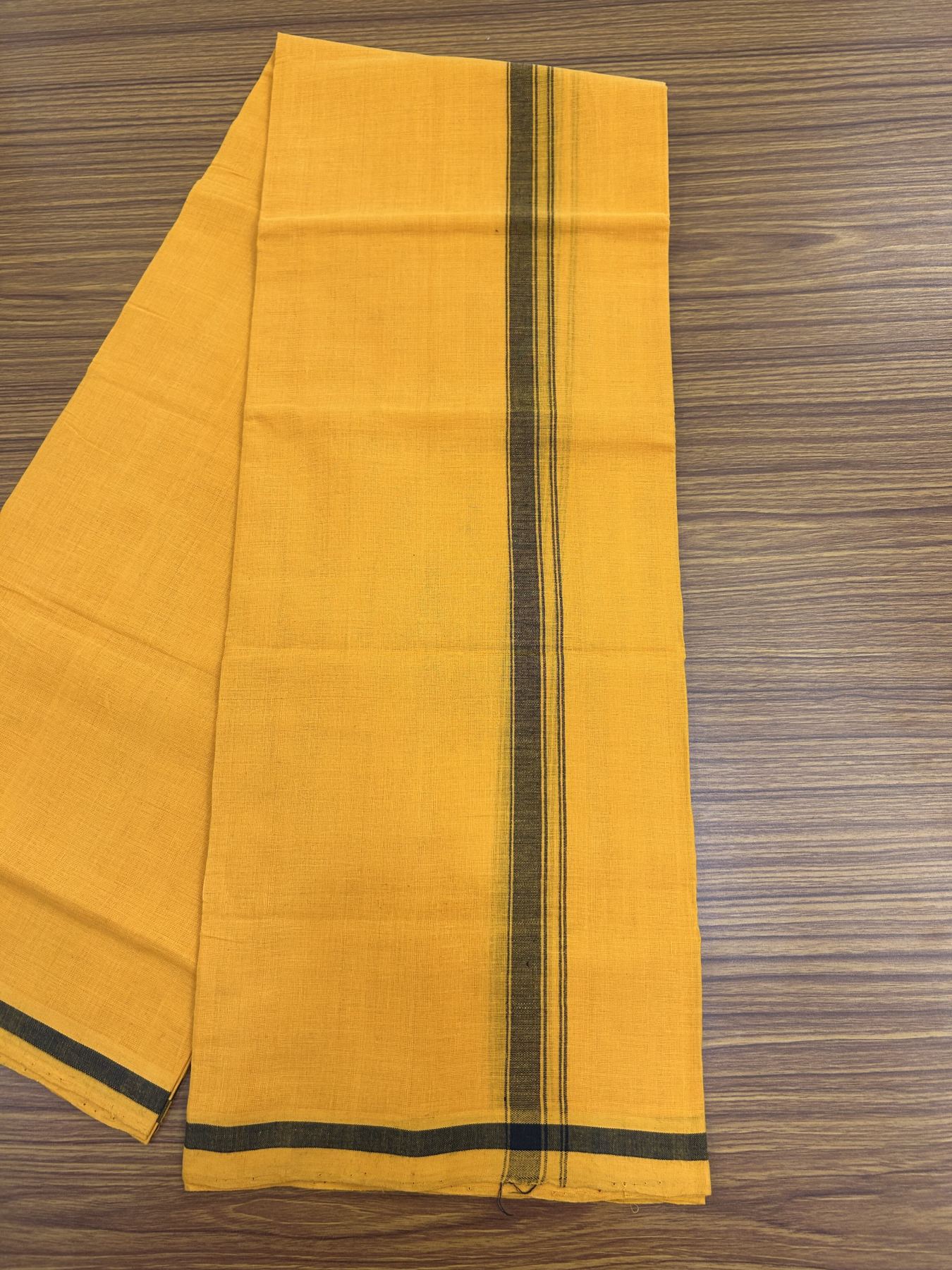 Handloom Single Hallmarked - 10% Discount !! KaithariKada 100% Pure Cotton - Mundu/Dhoti 0.75 inch Black Striped Kara with Light Orange colour Body - (2 meter / 4 muzham) - 18 KK8044 ELA