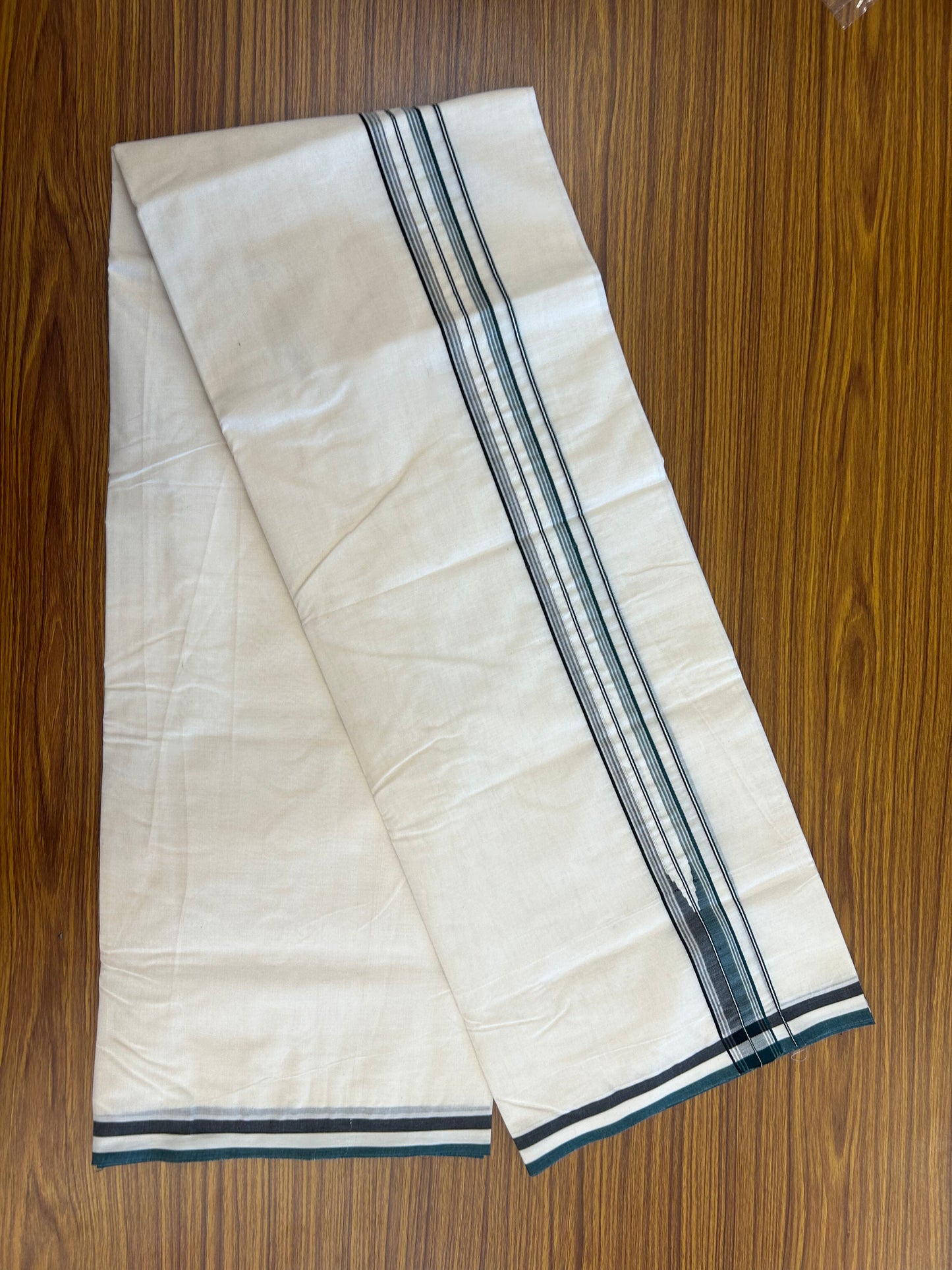 20% Discount ! KaithariKada 100% Cotton off white Double - (Unbleached) Mundu/Dhoti - 100X100 - 1.25 inch Puliyilakkara Black & Green Striped Chutty kara - 12 KK5346 ASH