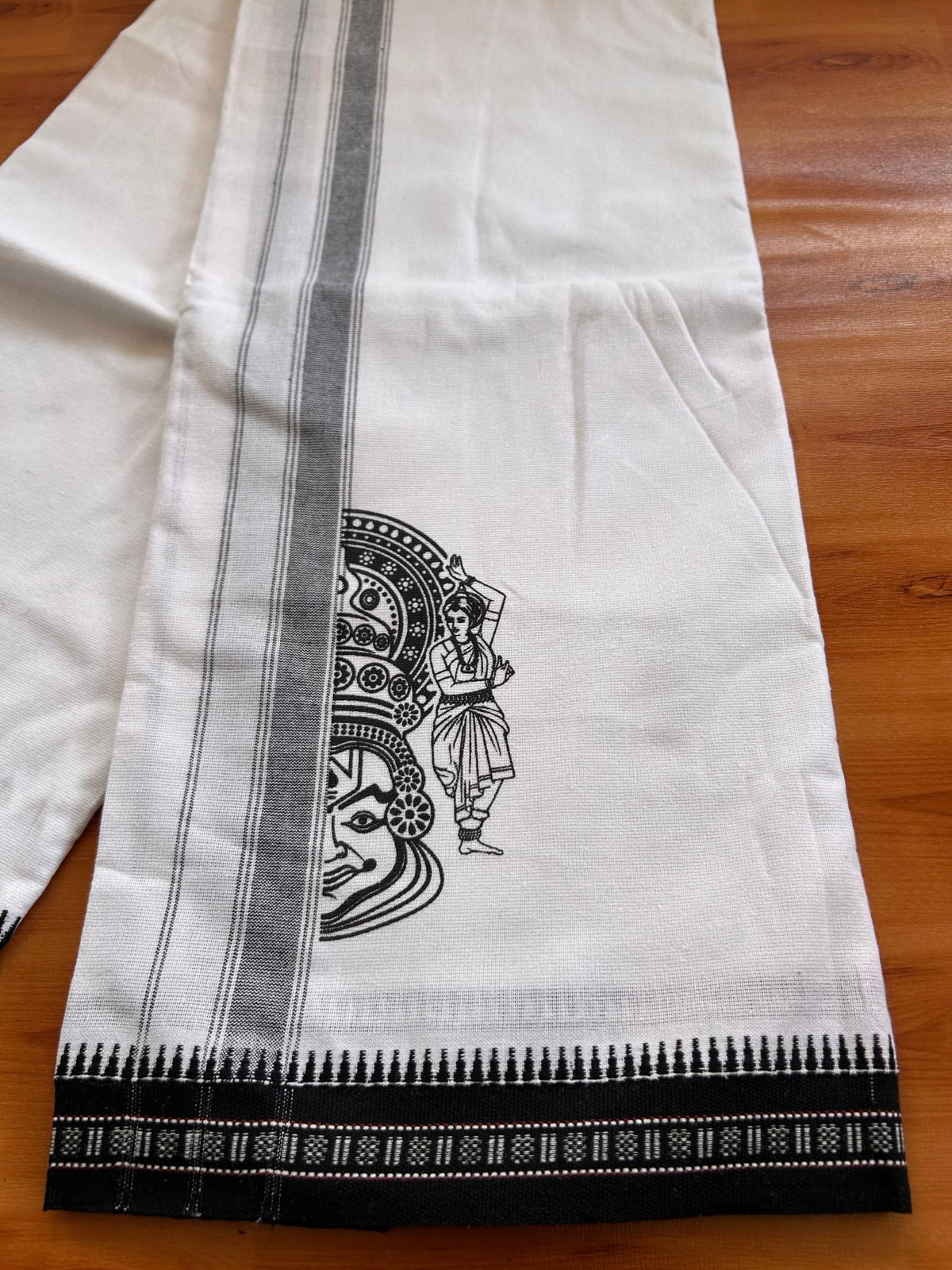 Single White Kaily / Lungi - Kerala Mund Polyster Mixed Cotton - (20s) - 2 inch Black Stripes Kathakali Printed Kara (2 meter / 4 muzham) - 10 KK8086 KUT