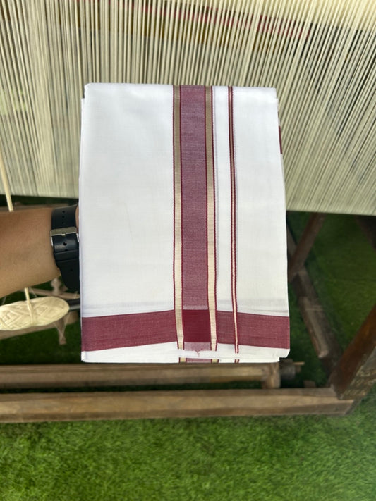 20% DISCOUNT! KaithariKada Balaramapuram 100% Mercerised Cotton Double ULTRA PURE white Mundu/Dhoti - 100x100  2.25 inch Silver Kasavu & Maroon Kara - 31KK5108GAN