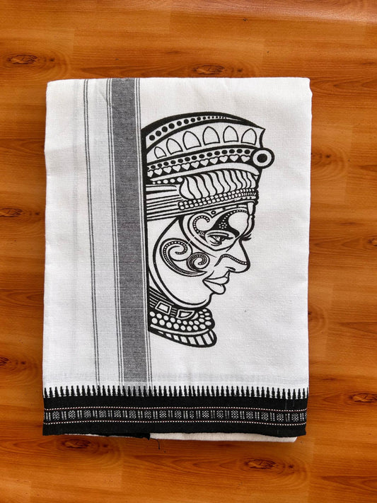 Single White Kaily / Lungi - Kerala Mund Polyster Mixed Cotton - (20s) - 2 inch Black Stripes Kathakali Printed Kara (2 meter / 4 muzham) - 9 KK8086 KUT