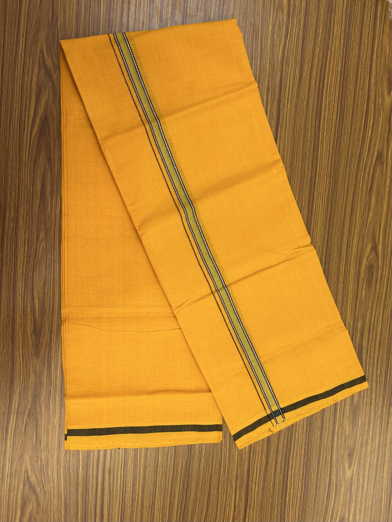 Handloom Single Hallmarked - 10% Discount !! KaithariKada 100% Pure Cotton - Mundu/Dhoti 0.75 inch Black Green Striped Kara with Light Orange colour Body - (2 meter / 4 muzham) - 19 KK8044 ELA