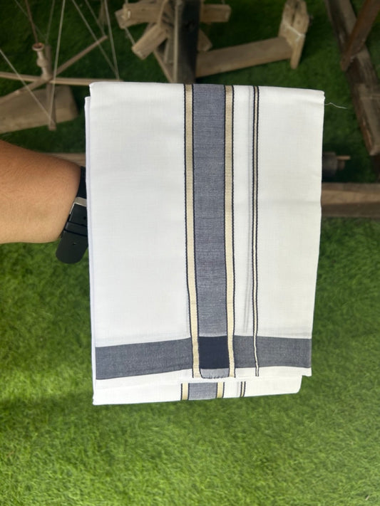 20% DISCOUNT! KaithariKada Balaramapuram 100% Mercerised Cotton Double ULTRA PURE white Mundu/Dhoti - 100x100  2.25 inch Silver Kasavu & Navy blue Kara - 30KK5108GAN